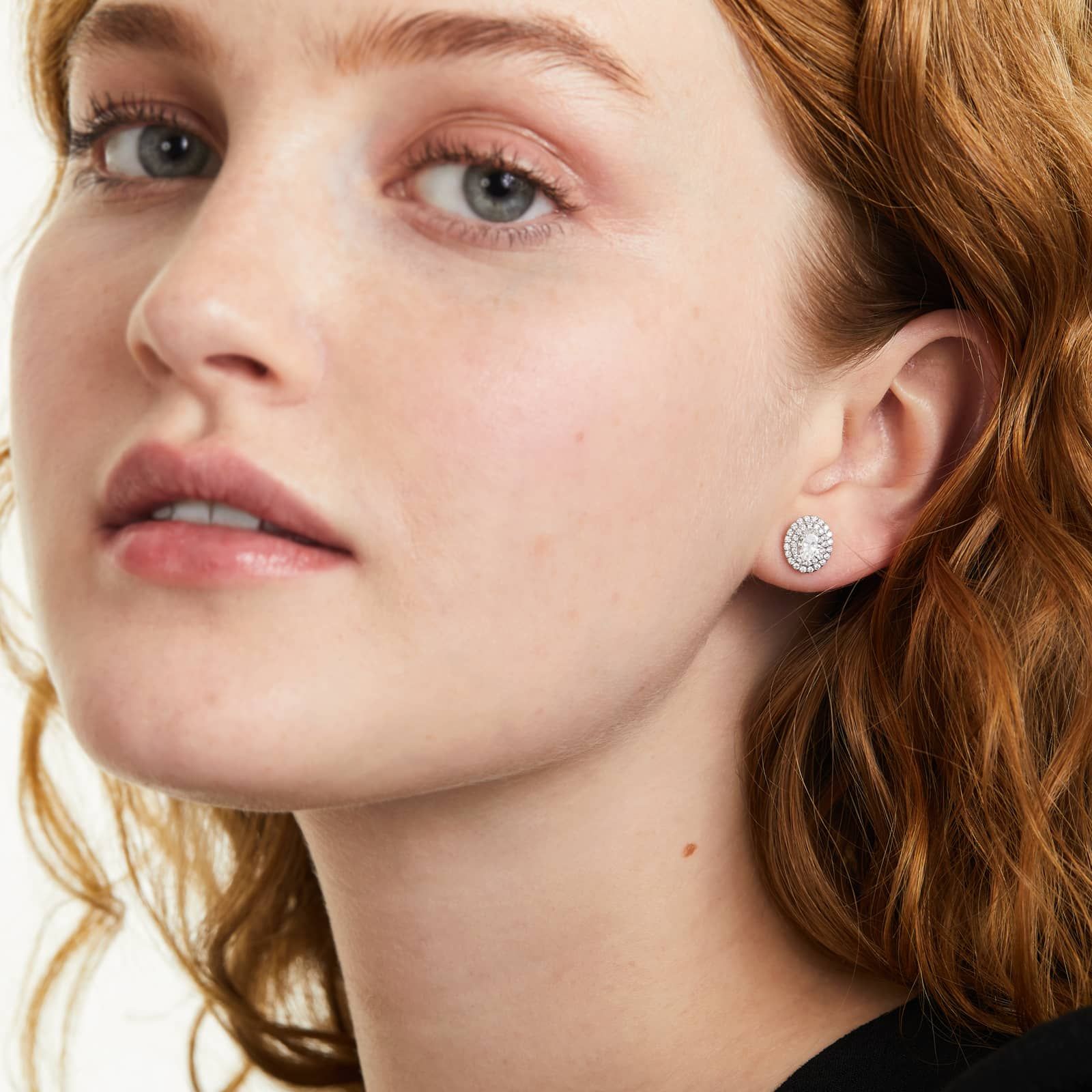 Double Halo Diamond Earrings With Oval Cut Diamonds In 18K White Gold