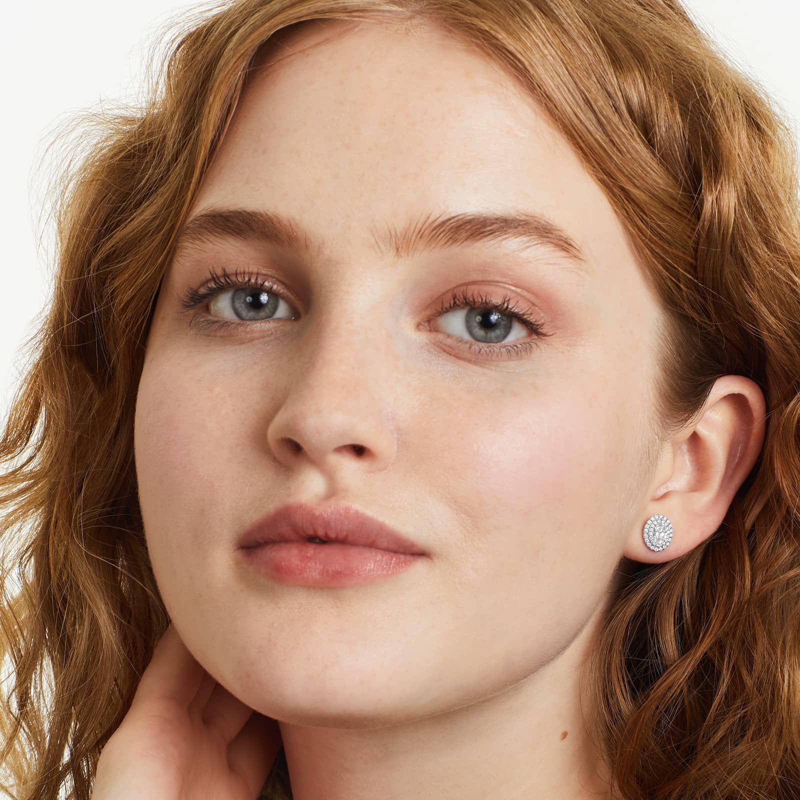 Double Halo Diamond Earrings With Oval Cut Diamonds In 18K White Gold