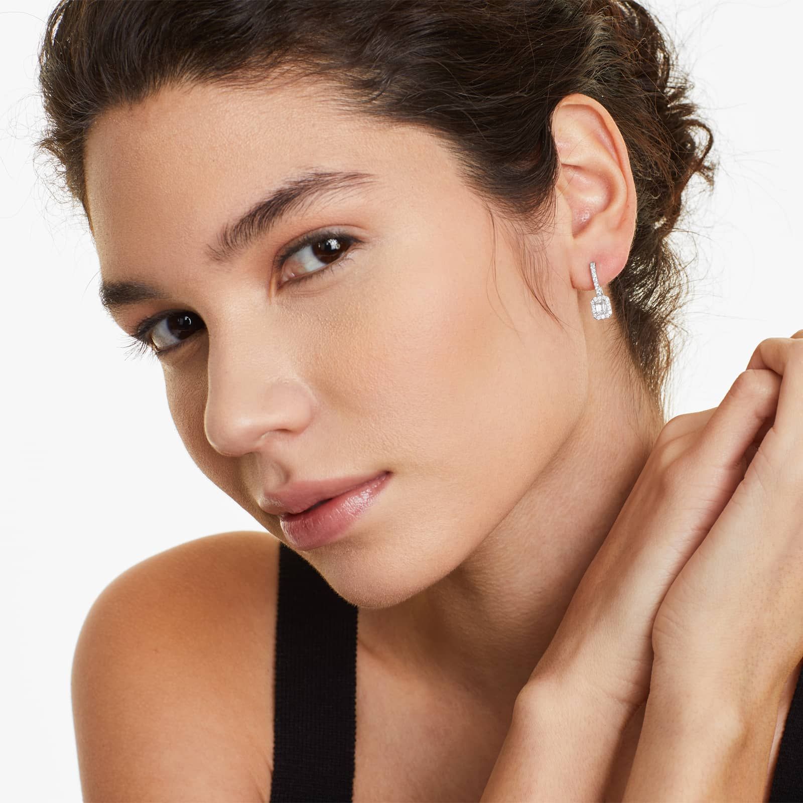 Diamond Halo Leverback Earrings With Emerald Cut Diamonds In 18K White Gold