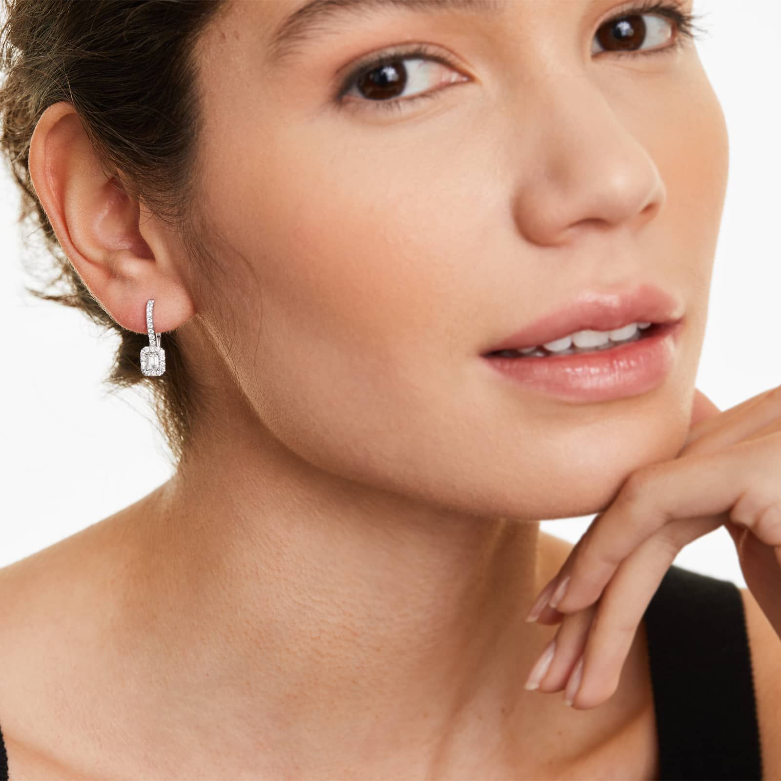 Diamond Halo Leverback Earrings With Emerald Cut Diamonds In 18K White Gold