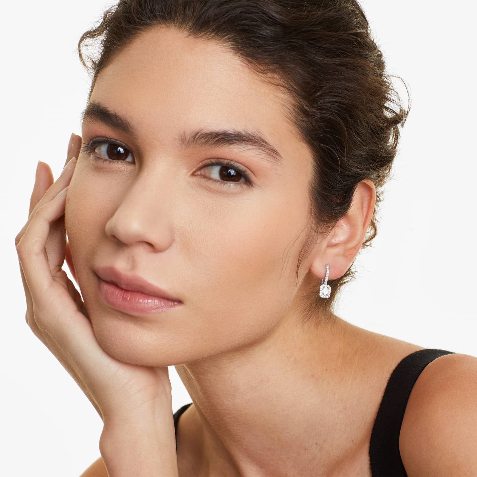 Diamond Halo Leverback Earrings With Emerald Cut Diamonds In 18K White Gold