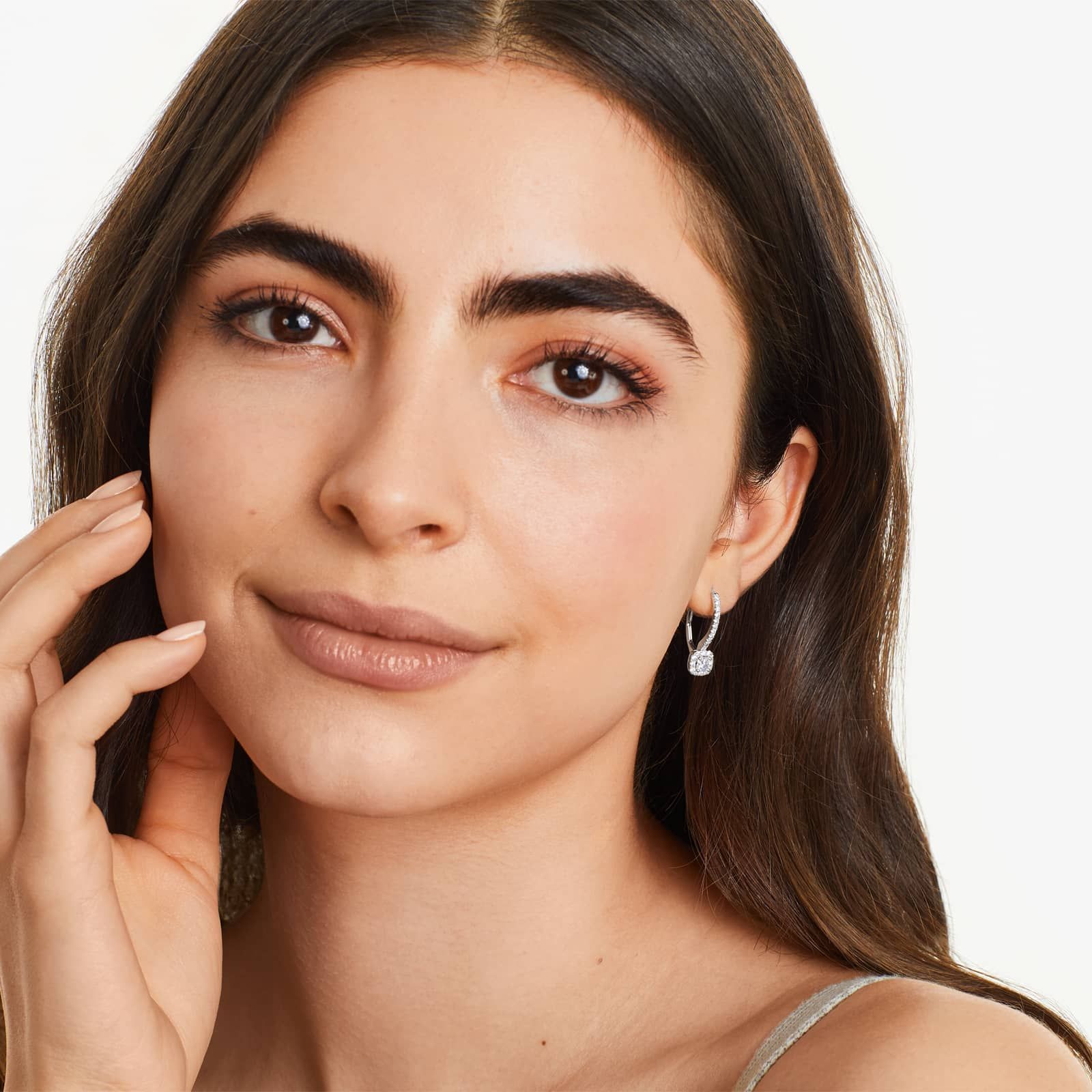 Diamond Halo Leverback Earrings With Cushion Cut Diamonds In 18K White Gold