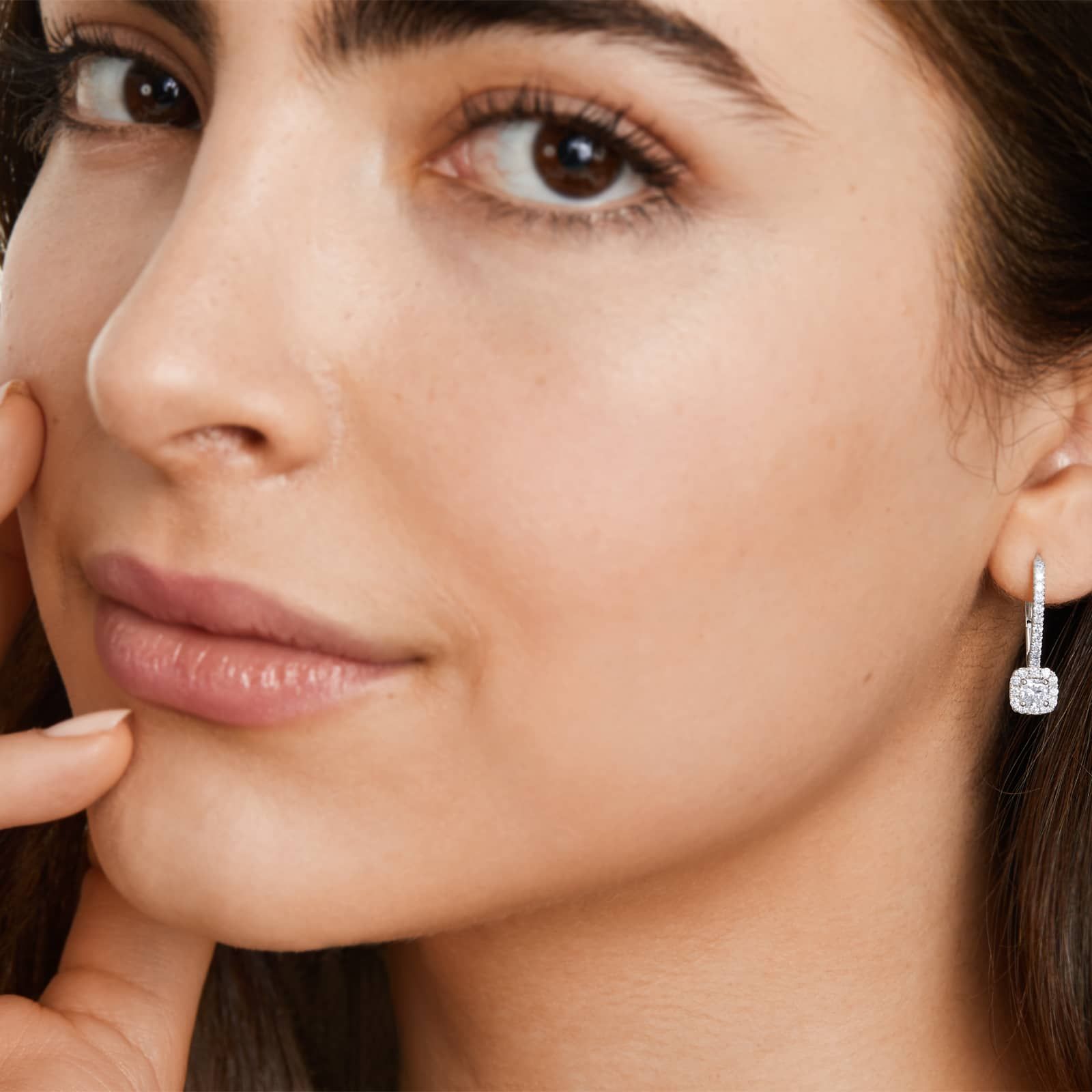 Diamond Halo Leverback Earrings With Cushion Cut Diamonds In 18K White Gold