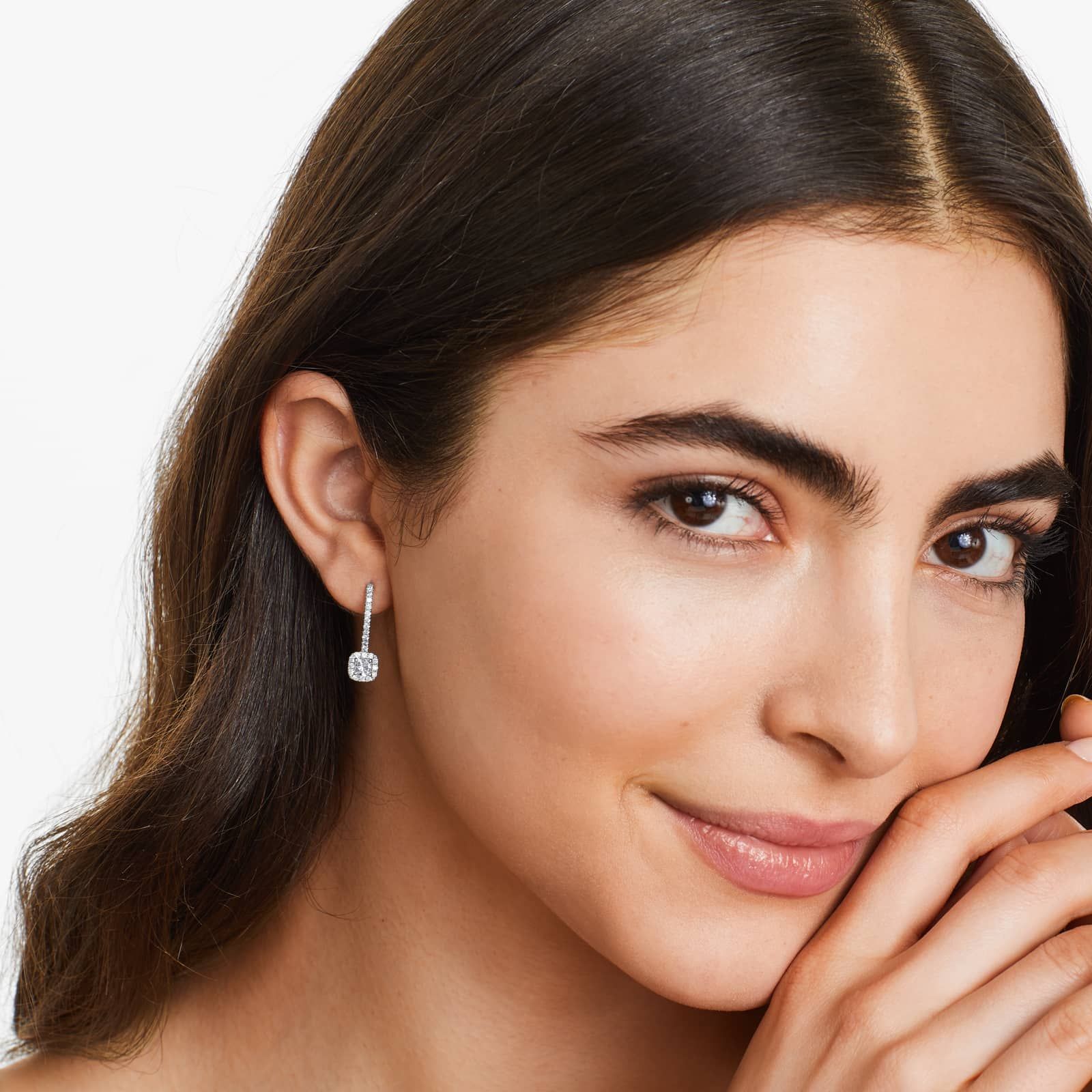 Diamond Halo Leverback Earrings With Cushion Cut Diamonds In 18K White Gold