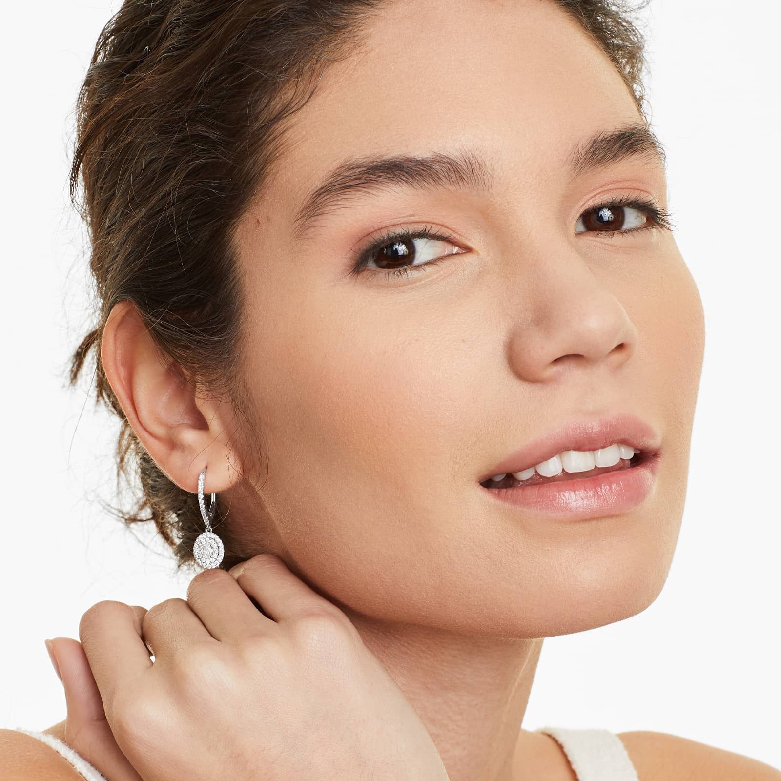 Double Halo Diamond Earrings With Oval Cut Diamonds In 18K White Gold