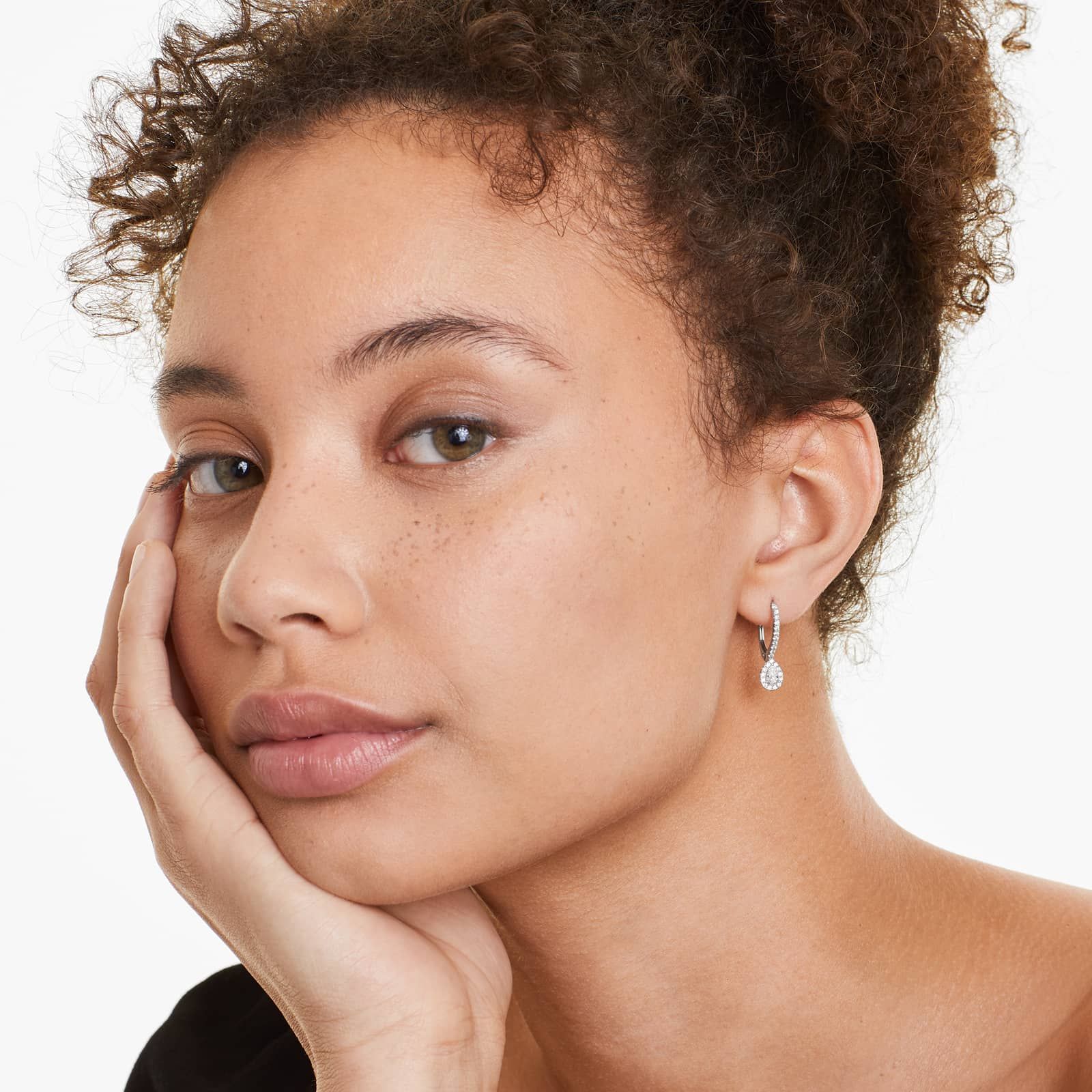 Diamond Halo Leverback Earrings With Pear Shape Diamonds In 18K White Gold