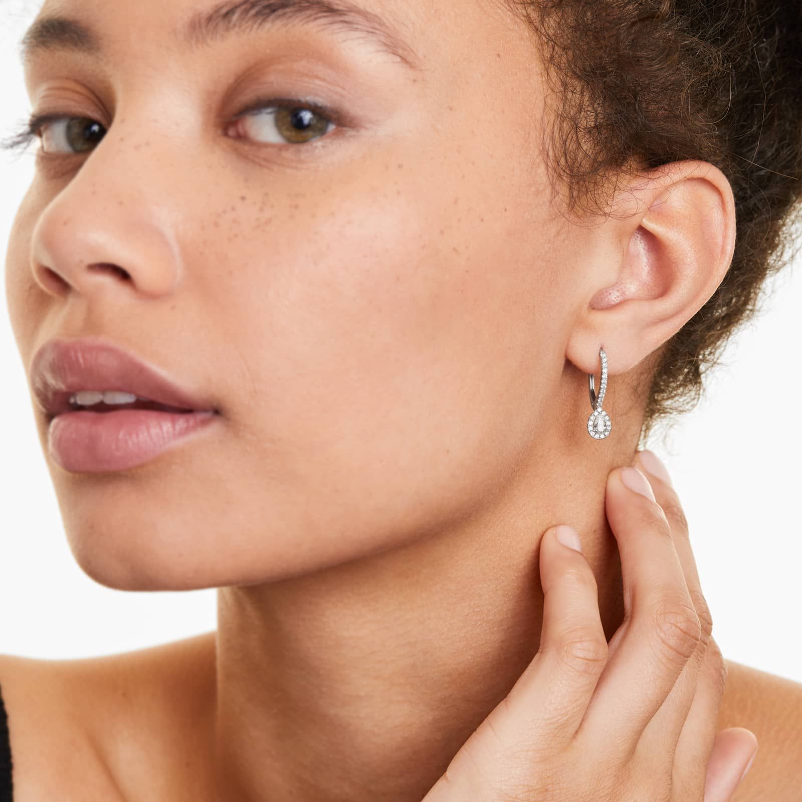 Diamond Halo Leverback Earrings With Pear Shape Diamonds In 18K White Gold