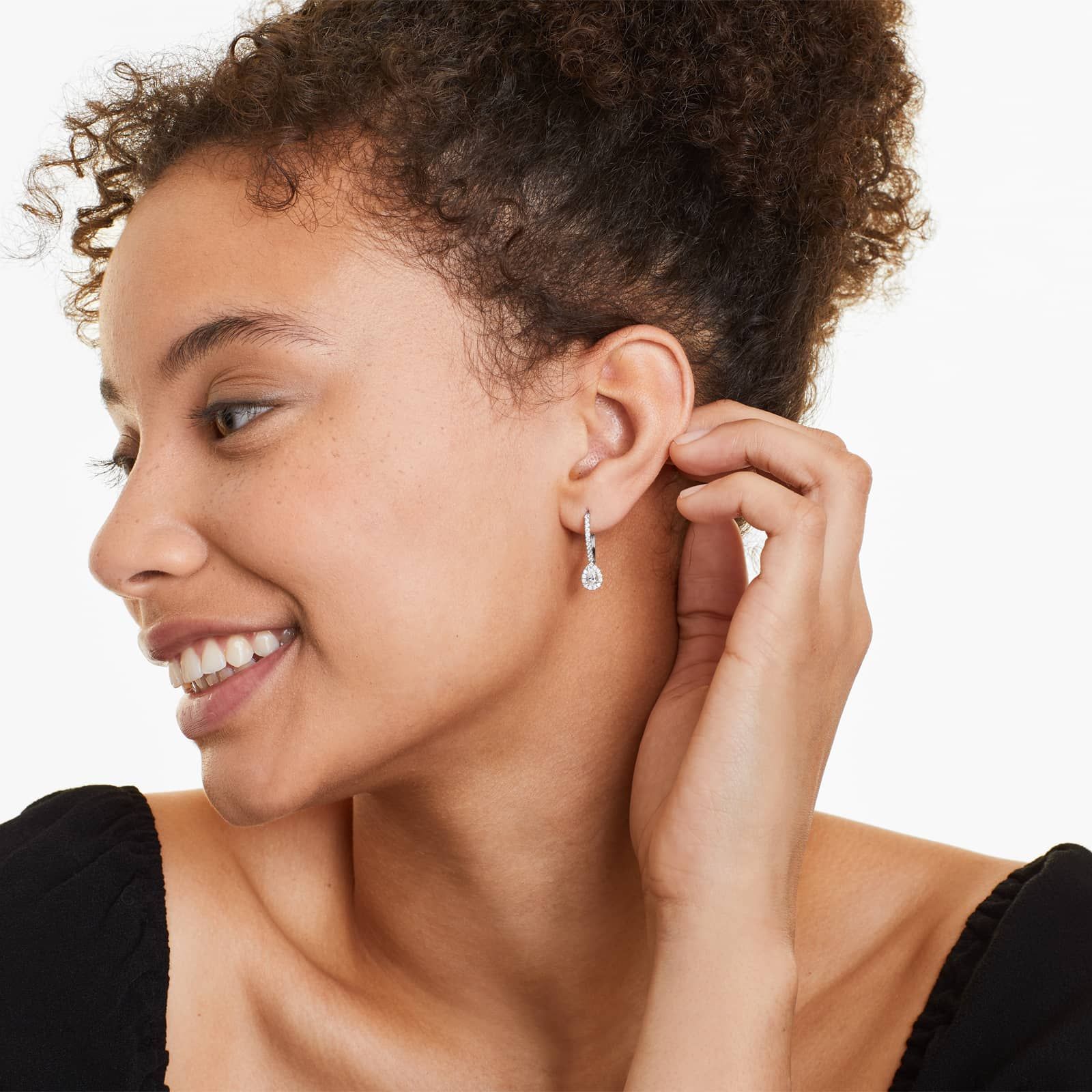 Diamond Halo Leverback Earrings With Pear Shape Diamonds In 18K White Gold