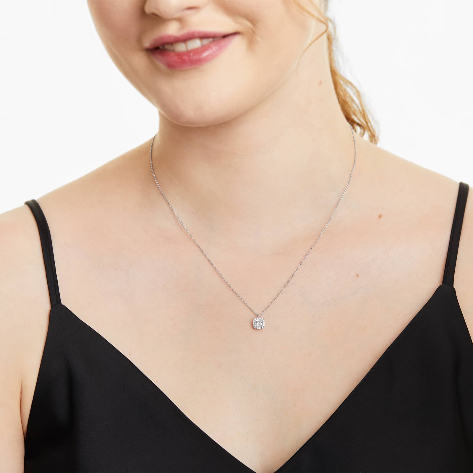 Halo Cushion Cut Diamond Necklace In 18K White Gold