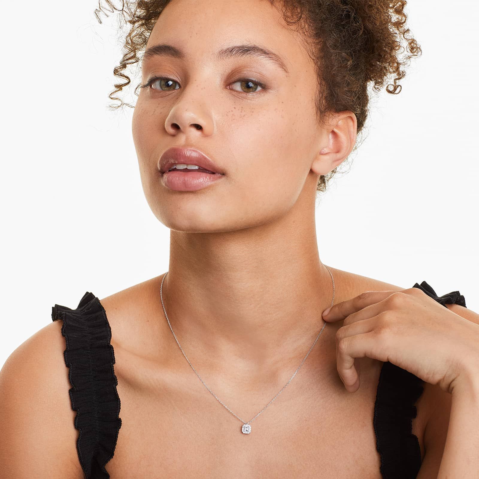 Halo Asscher Cut Diamond Necklace In 18K White Gold