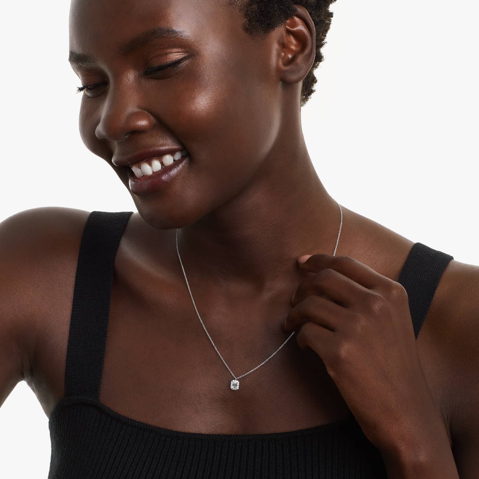 Halo Emerald Cut Diamond Necklace In 18K White Gold