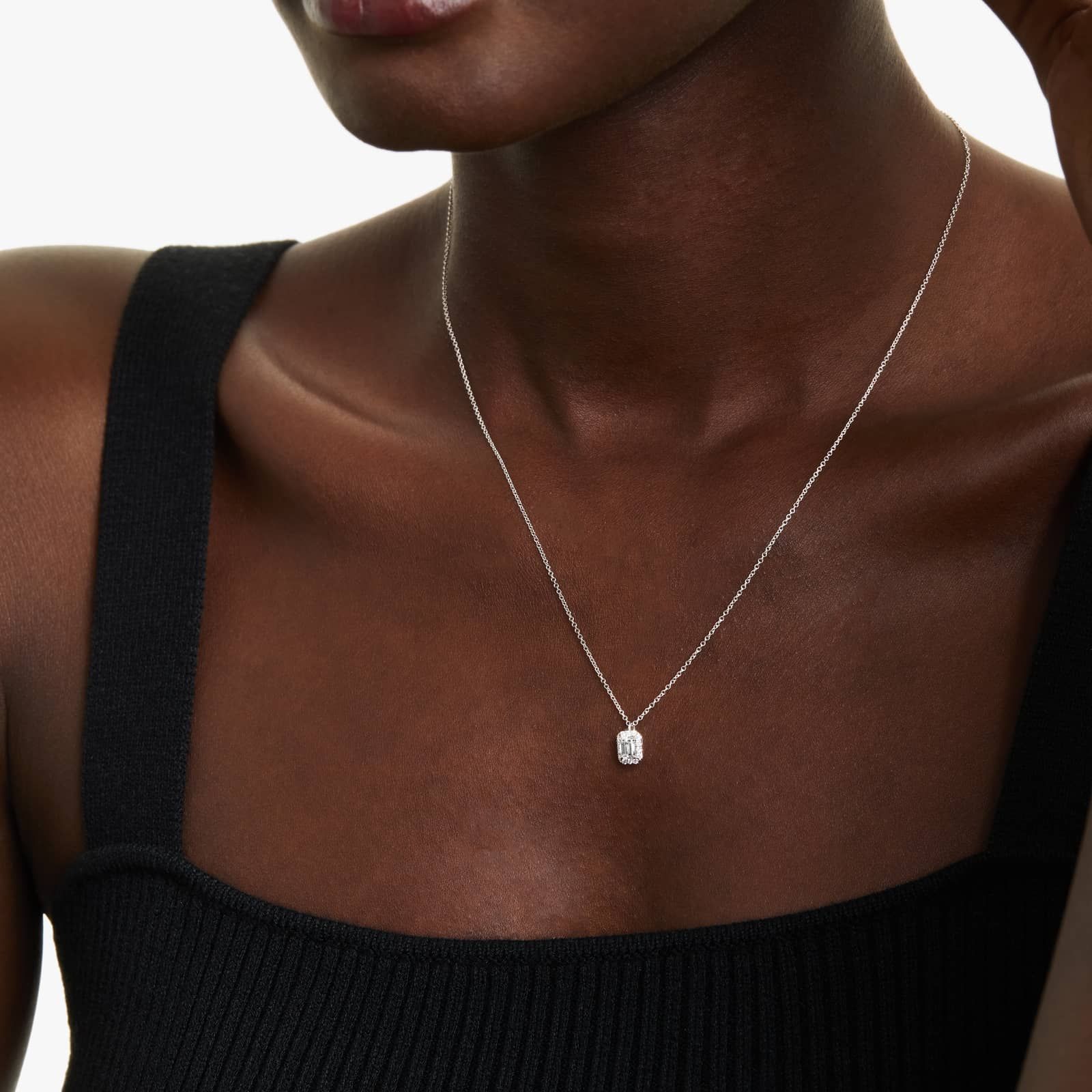 Halo Emerald Cut Diamond Necklace In 18K White Gold