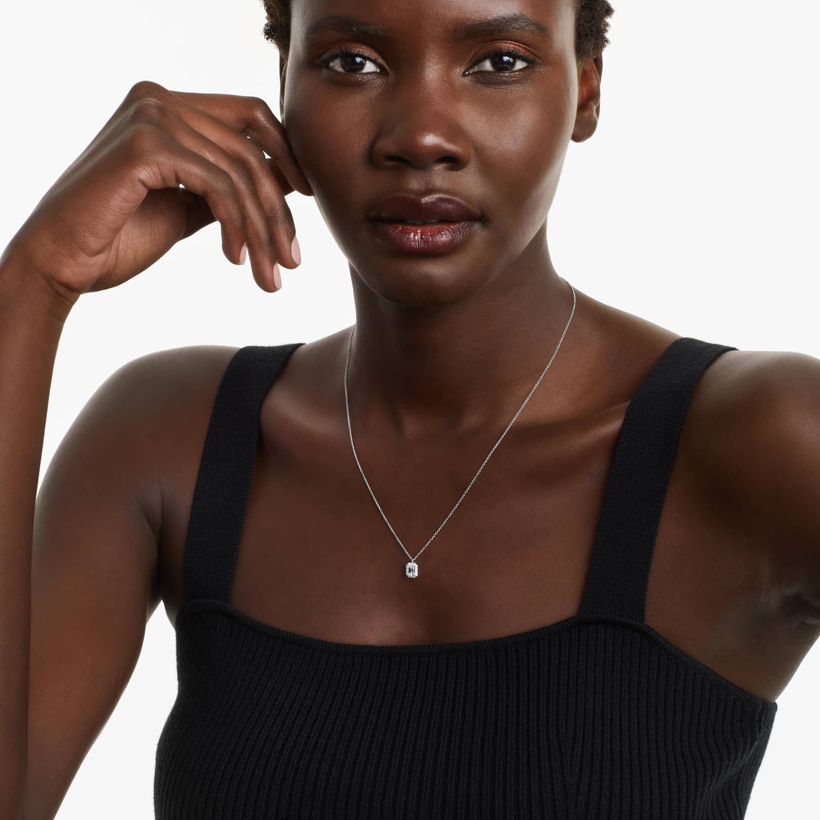 Halo Emerald Cut Diamond Necklace In 18K White Gold