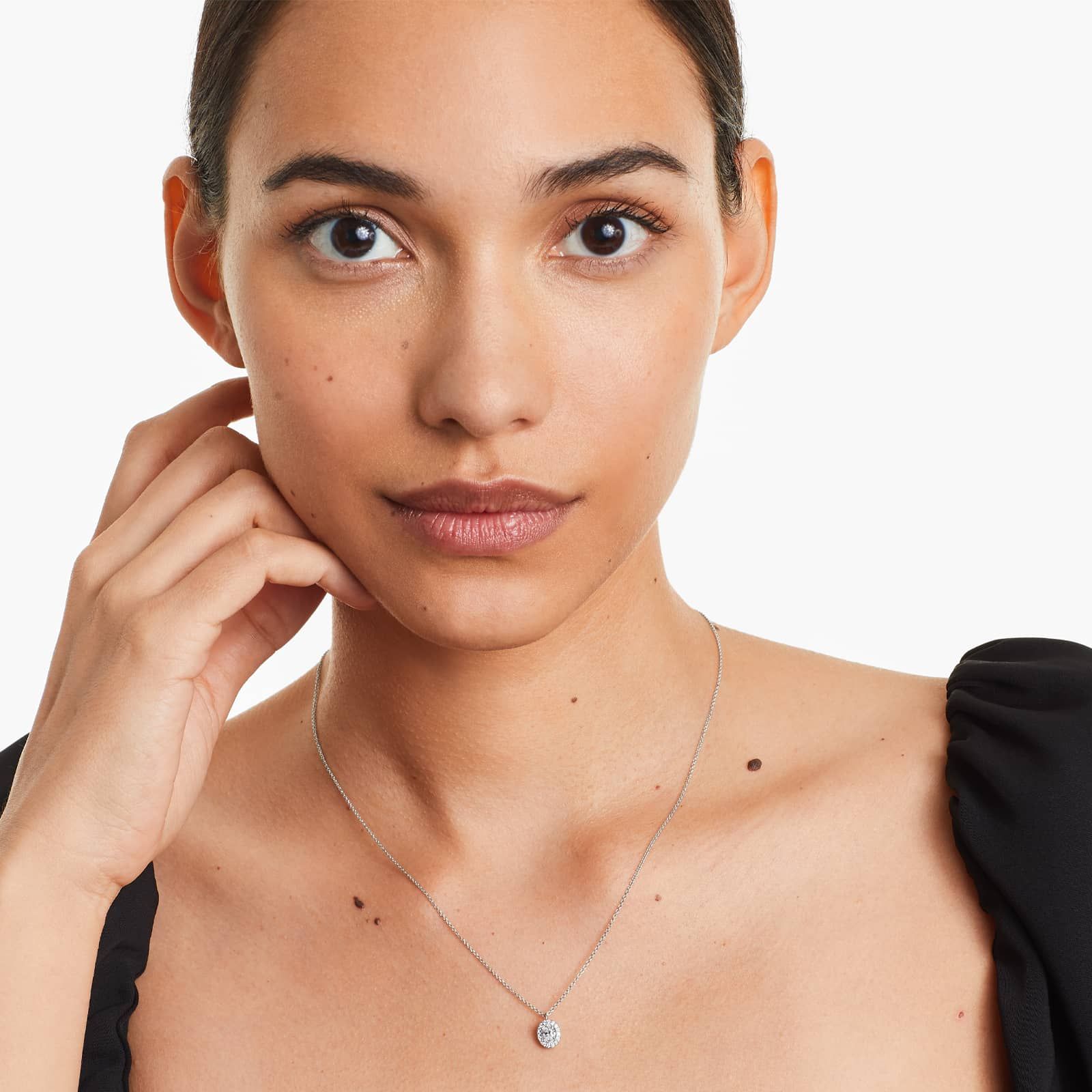 Halo Oval Cut Diamond Necklace In 18K White Gold