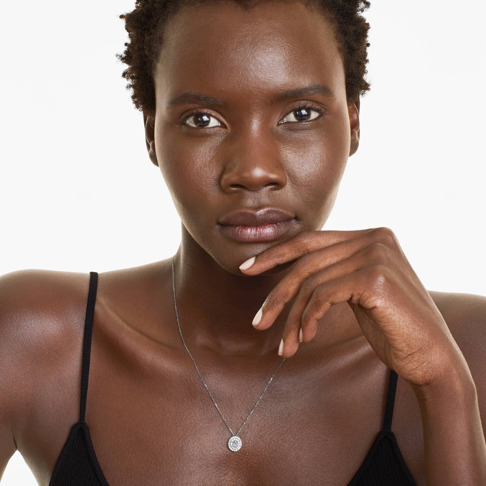 Double Halo Oval Cut Diamond Necklace In 18K White Gold