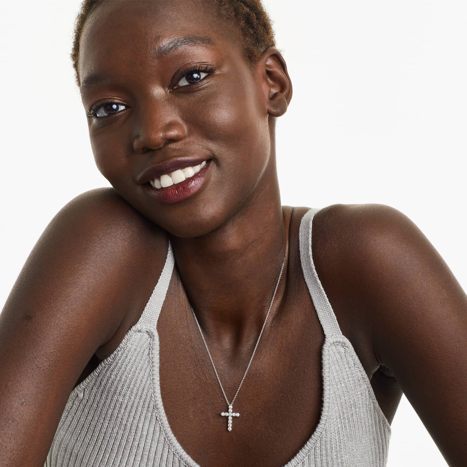 14K White Gold Shared Prong Diamond Cross Necklace