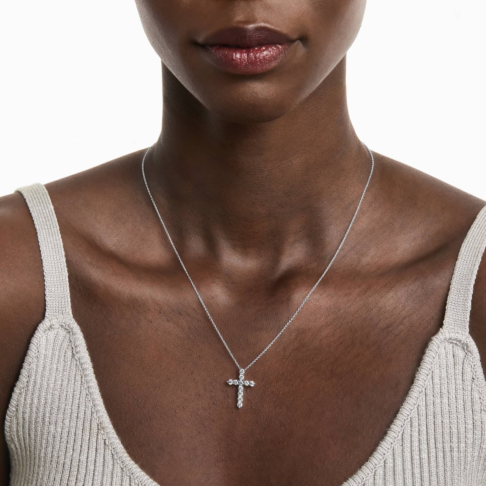 14K White Gold Shared Prong Diamond Cross Necklace