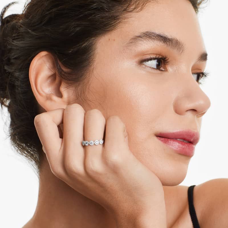 Five Stone Halo Diamond Ring In 14K White Gold