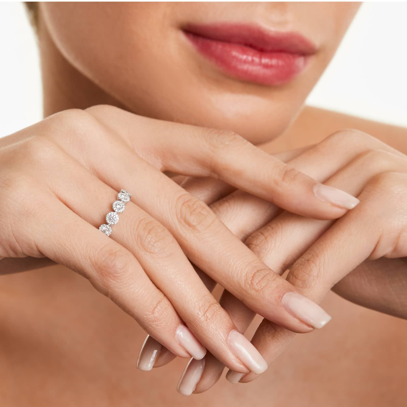 Five Stone Halo Diamond Ring In 14K White Gold