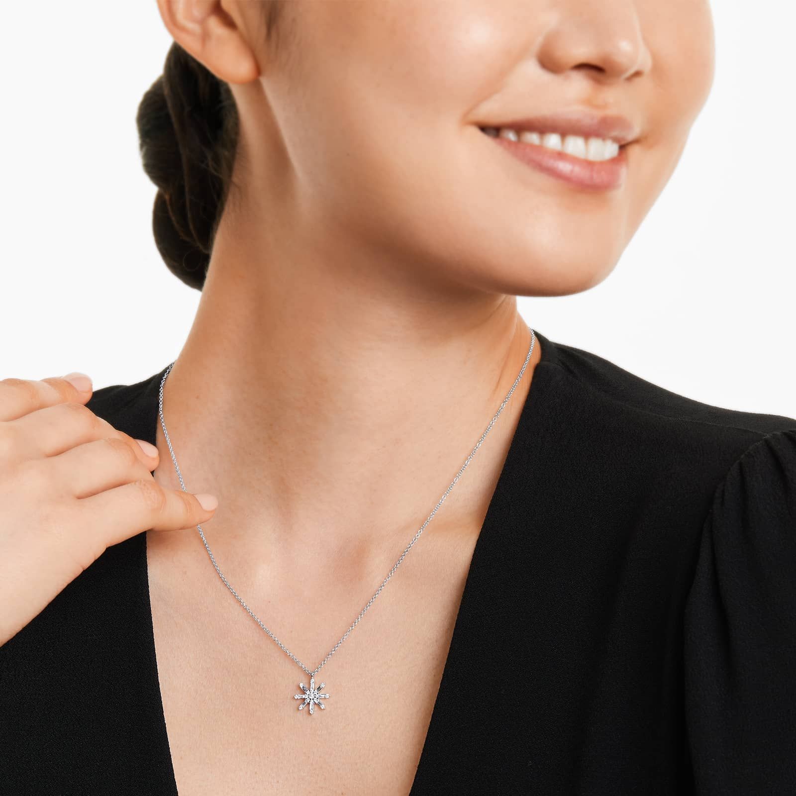 Sunburst Diamond Necklace With Baguette And Round Diamonds In 14K White Gold