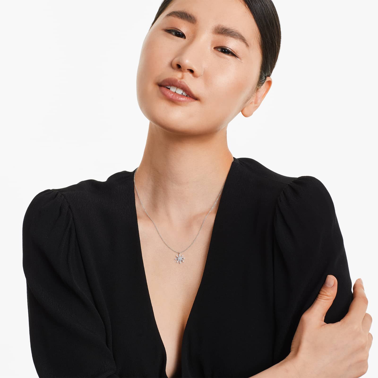 Sunburst Diamond Necklace With Baguette And Round Diamonds In 14K White Gold