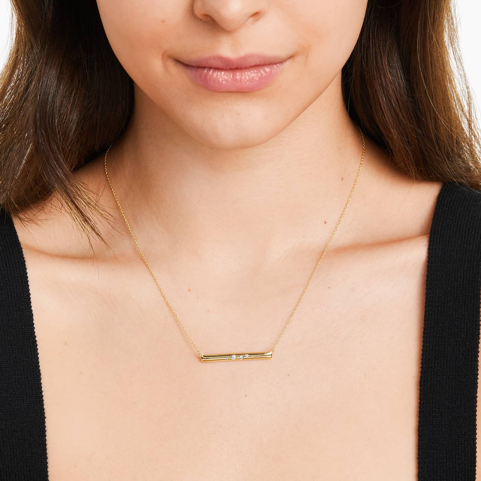 Diamond Speckled Bar Necklace In 14K Yellow Gold