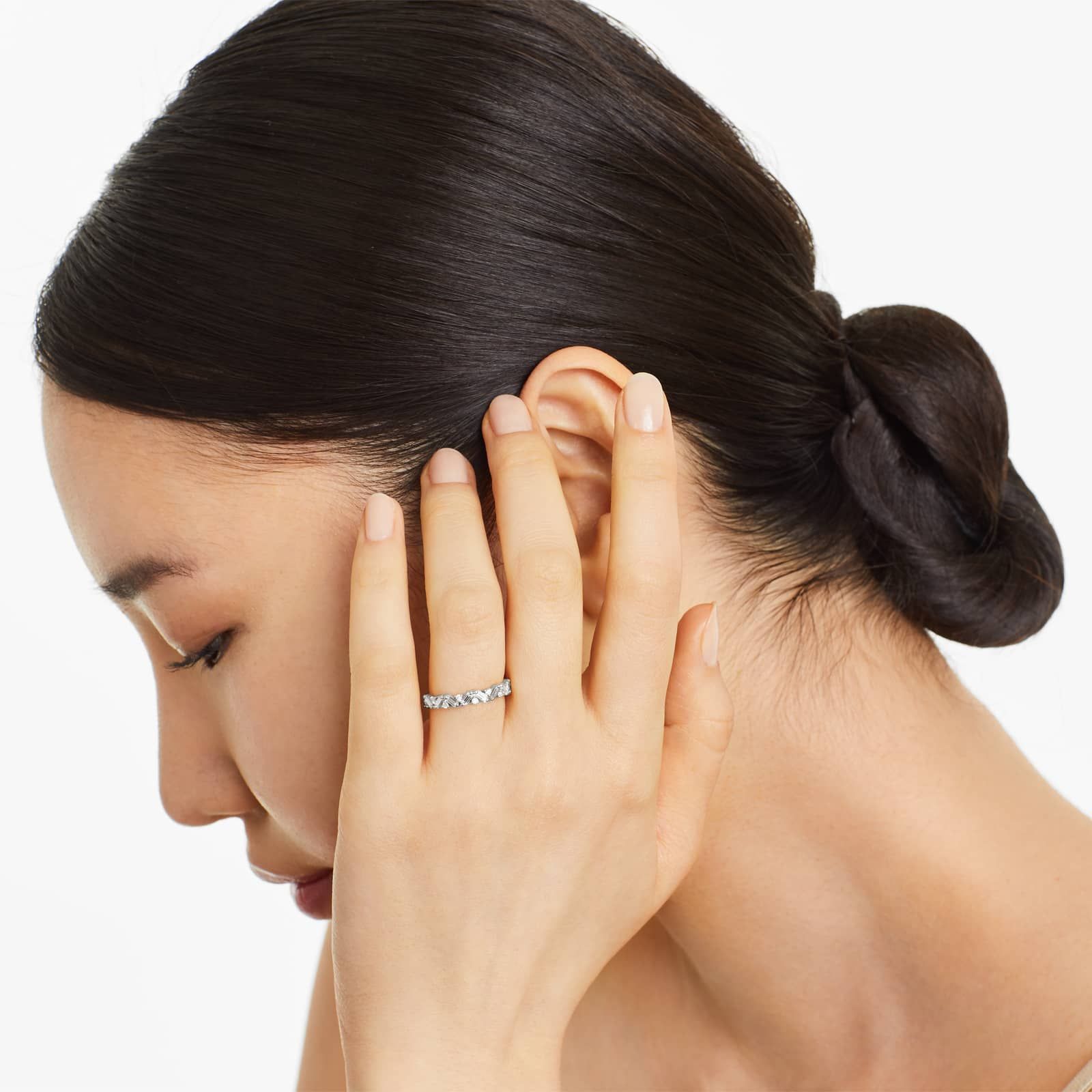 Zig Zag Baguette And Round Diamond Ring In 14K White Gold