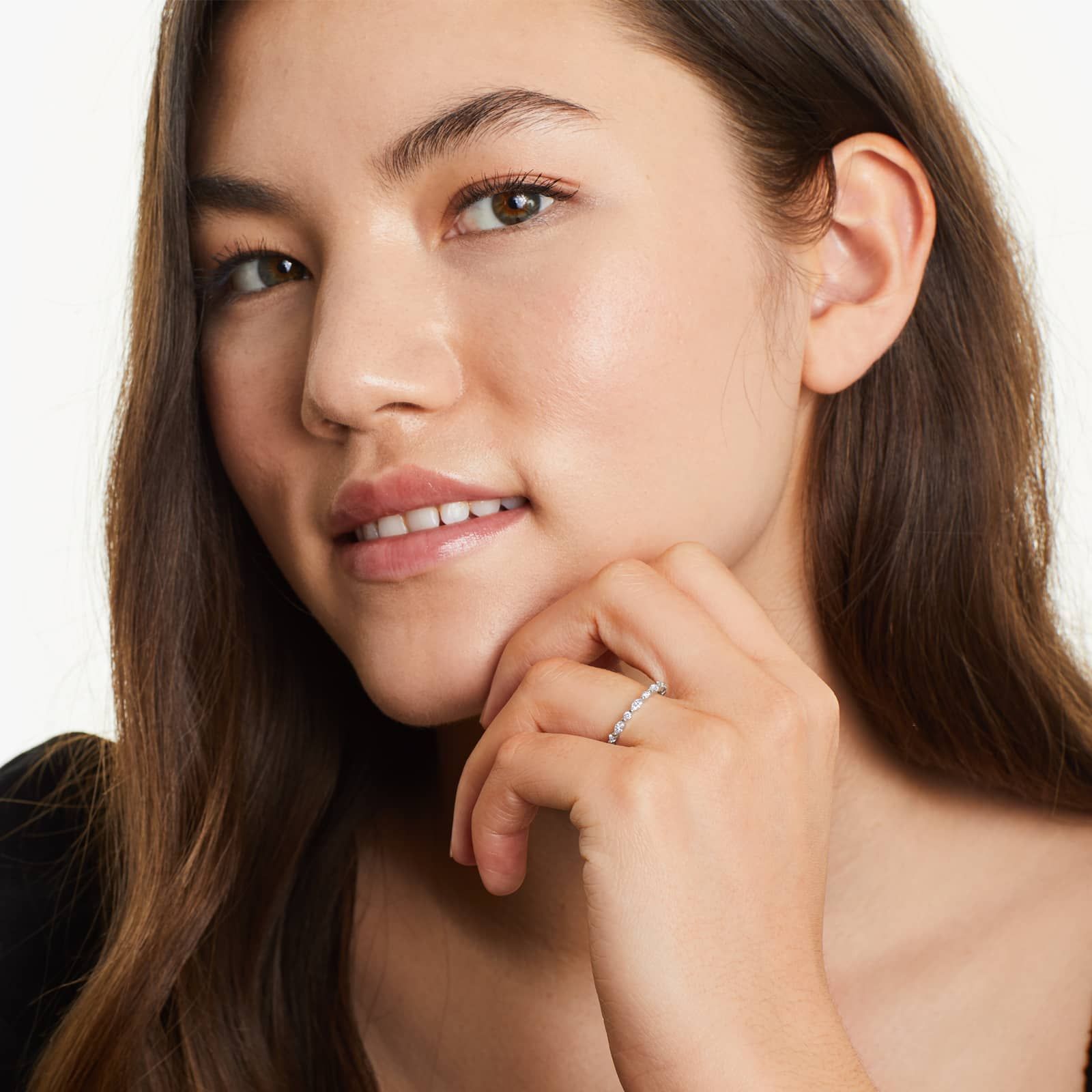 Shared Prong Marquise And Round Diamond Ring In 14K White Gold