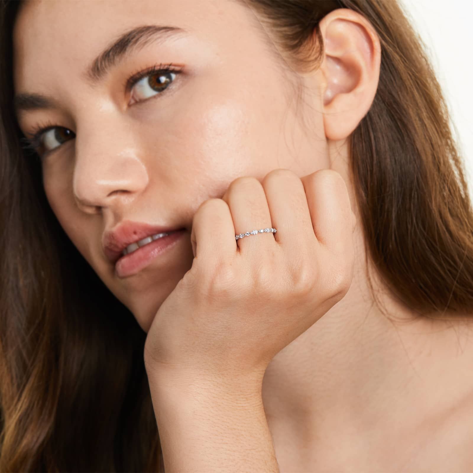 Shared Prong Marquise And Round Diamond Ring In 14K White Gold