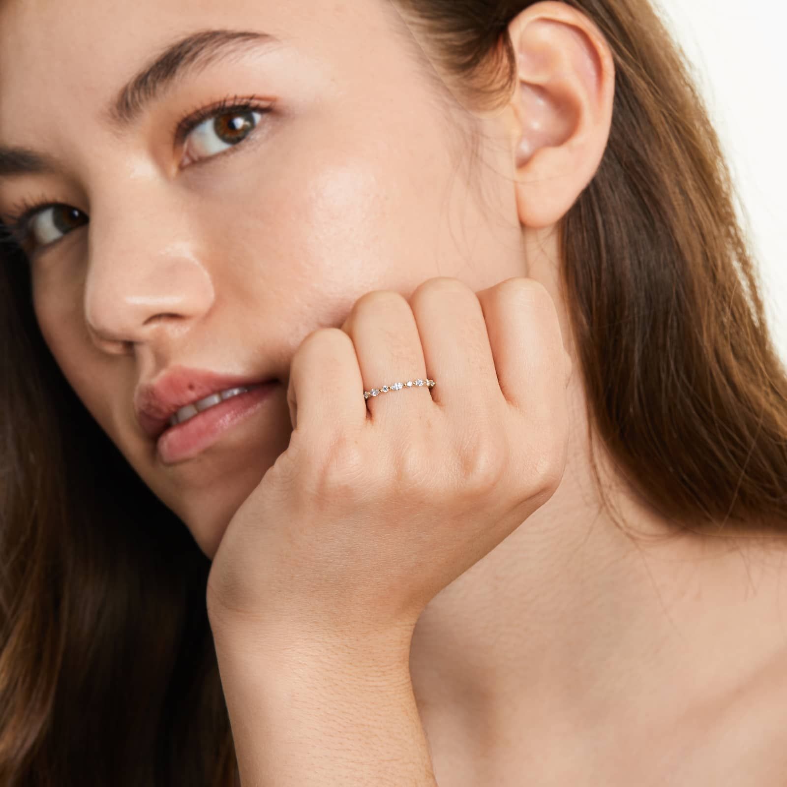 Shared Prong Marquise And Round Diamond Ring In 14K Yellow Gold