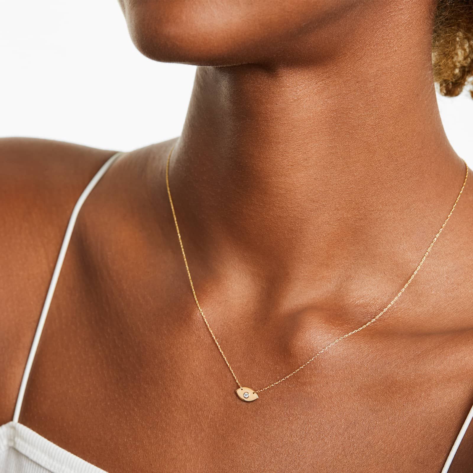 Mini Evil Eye Diamond Necklace In 14K Yellow Gold