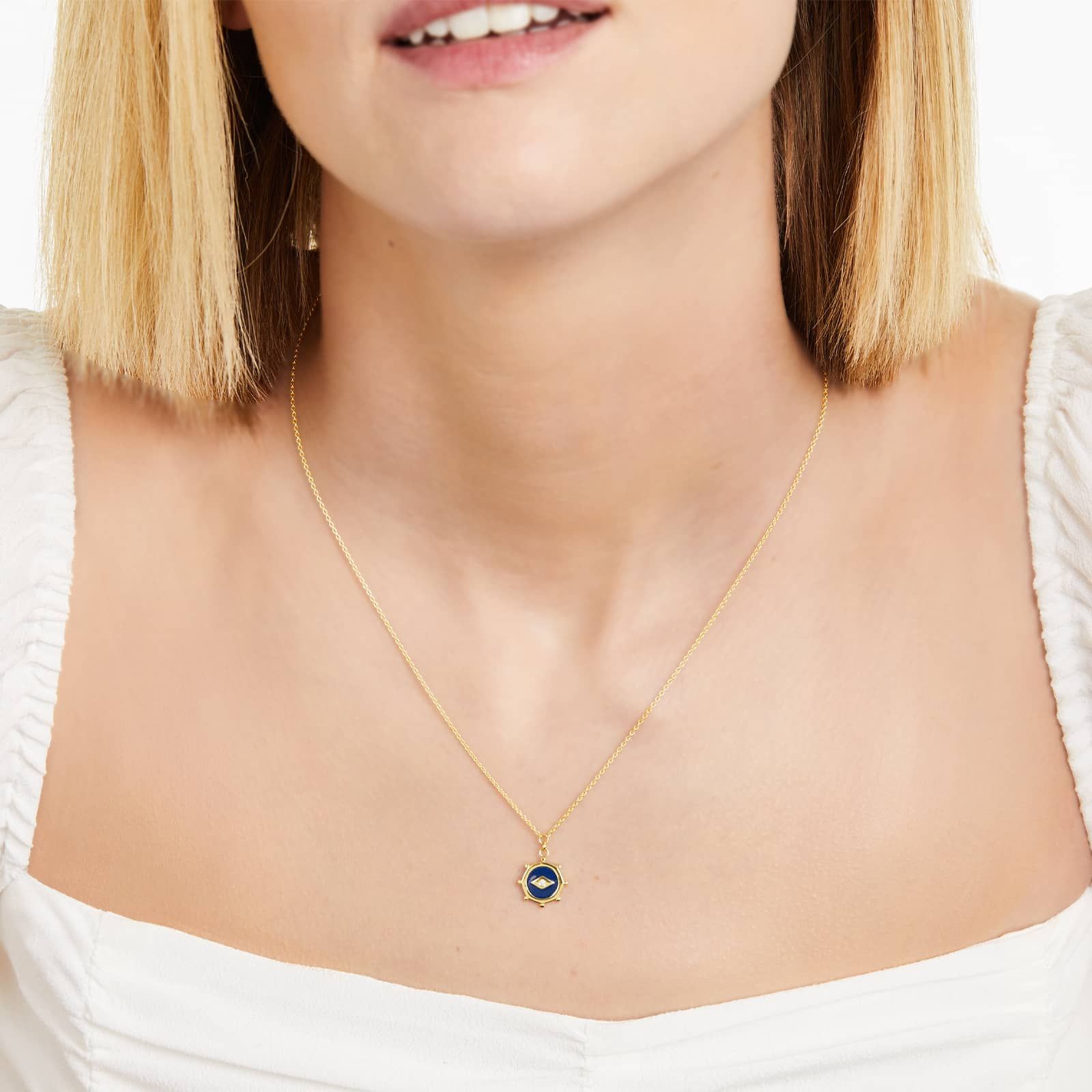 14K Yellow Gold Dark Blue Enamel Nautical Diamond Medallion Necklace