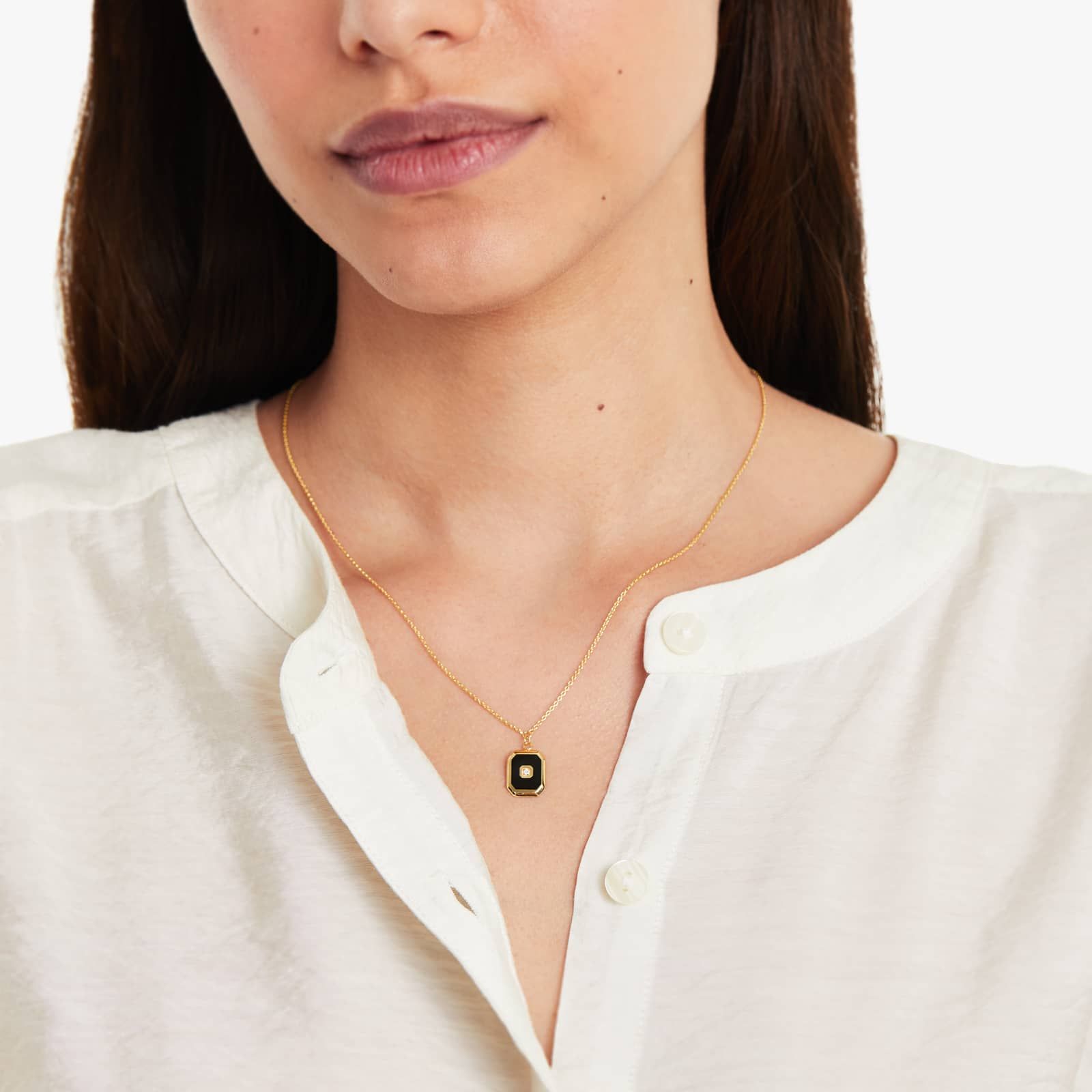 Black Enamel Octagon Diamond Medallion Necklace In 14K Yellow Gold