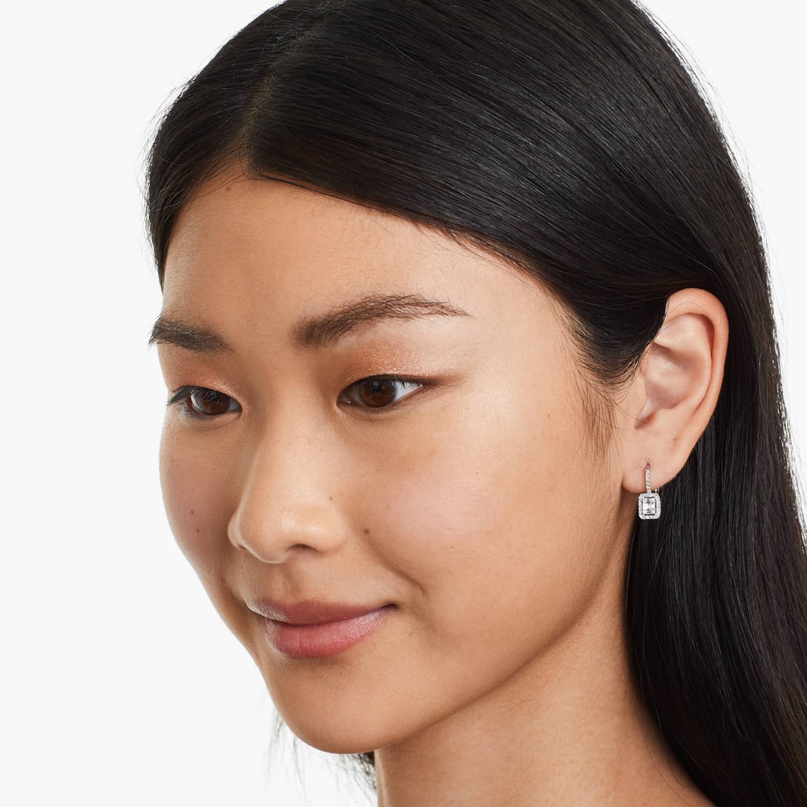 Composite Diamond Leverback Earrings With Baguette Cut And Round Diamonds In 14K White Gold