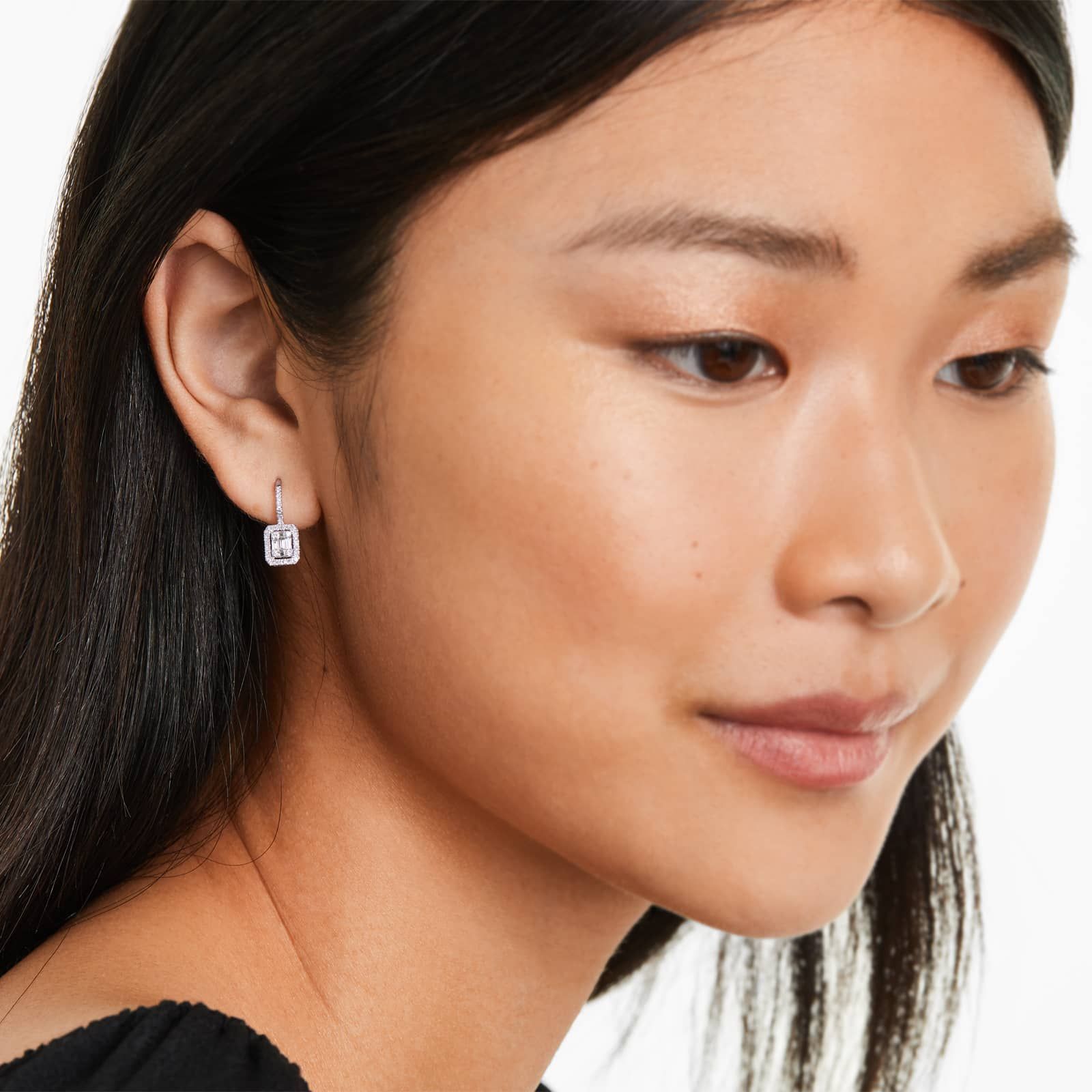 Composite Diamond Leverback Earrings With Baguette Cut And Round Diamonds In 14K White Gold