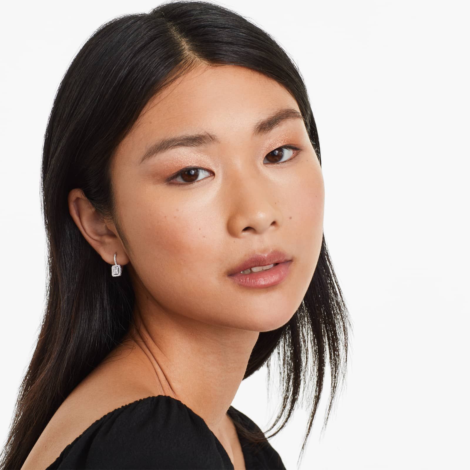 Composite Diamond Leverback Earrings With Baguette Cut And Round Diamonds In 14K White Gold