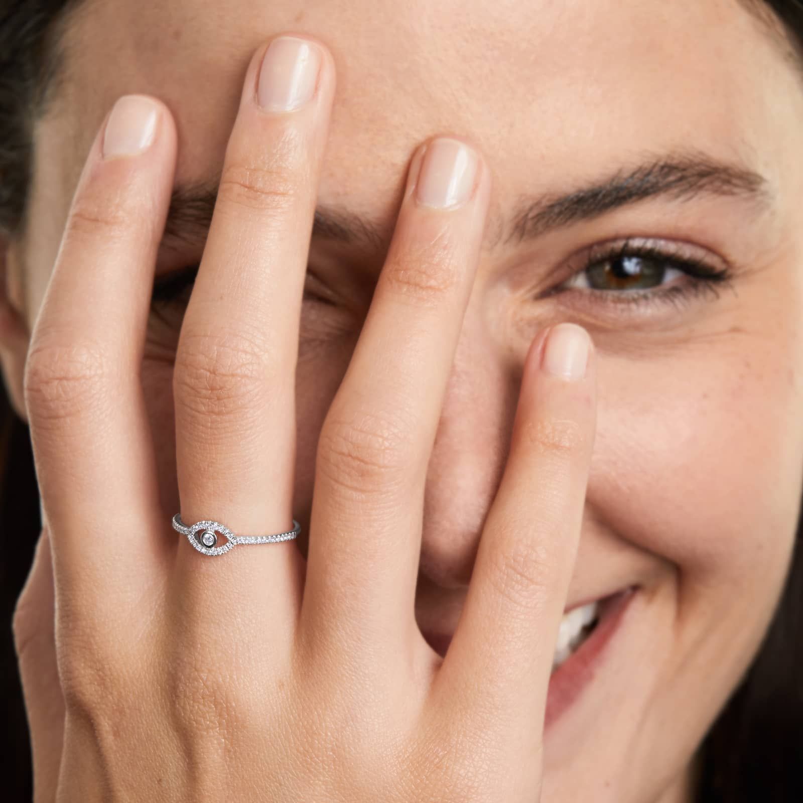 Evil Eye Diamond Ring In 14K White Gold