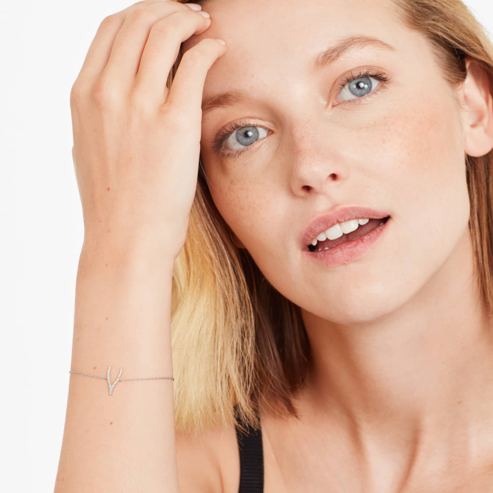 Wishbone And Chain Diamond Bracelet In 14K White Gold