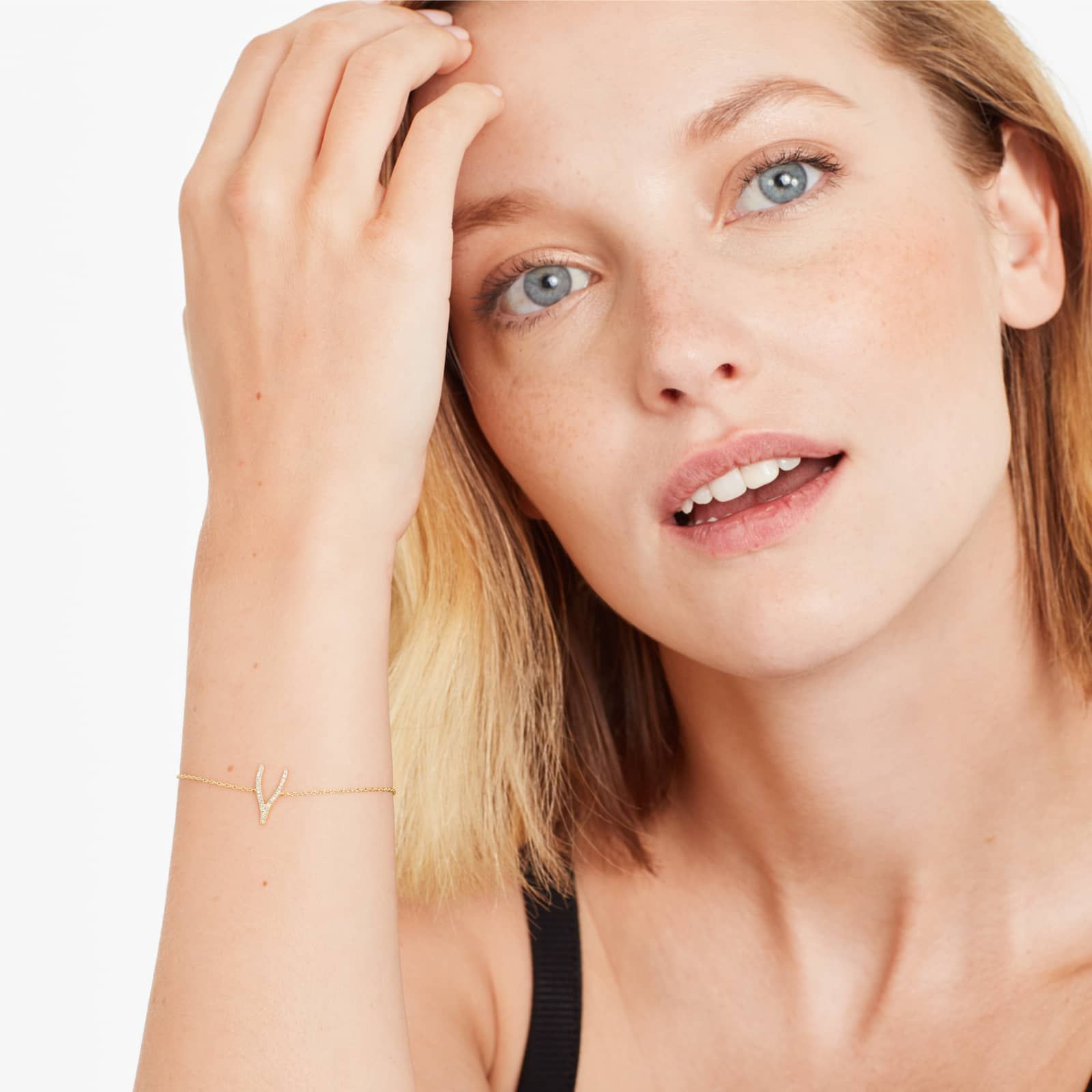 Wishbone And Chain Diamond Bracelet In 14K Yellow Gold