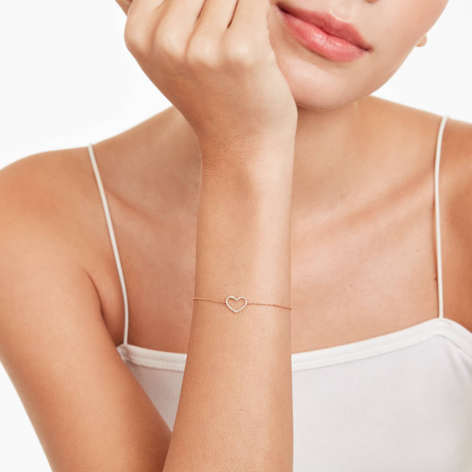 14K Rose Gold Diamond Open Heart Chain Bracelet