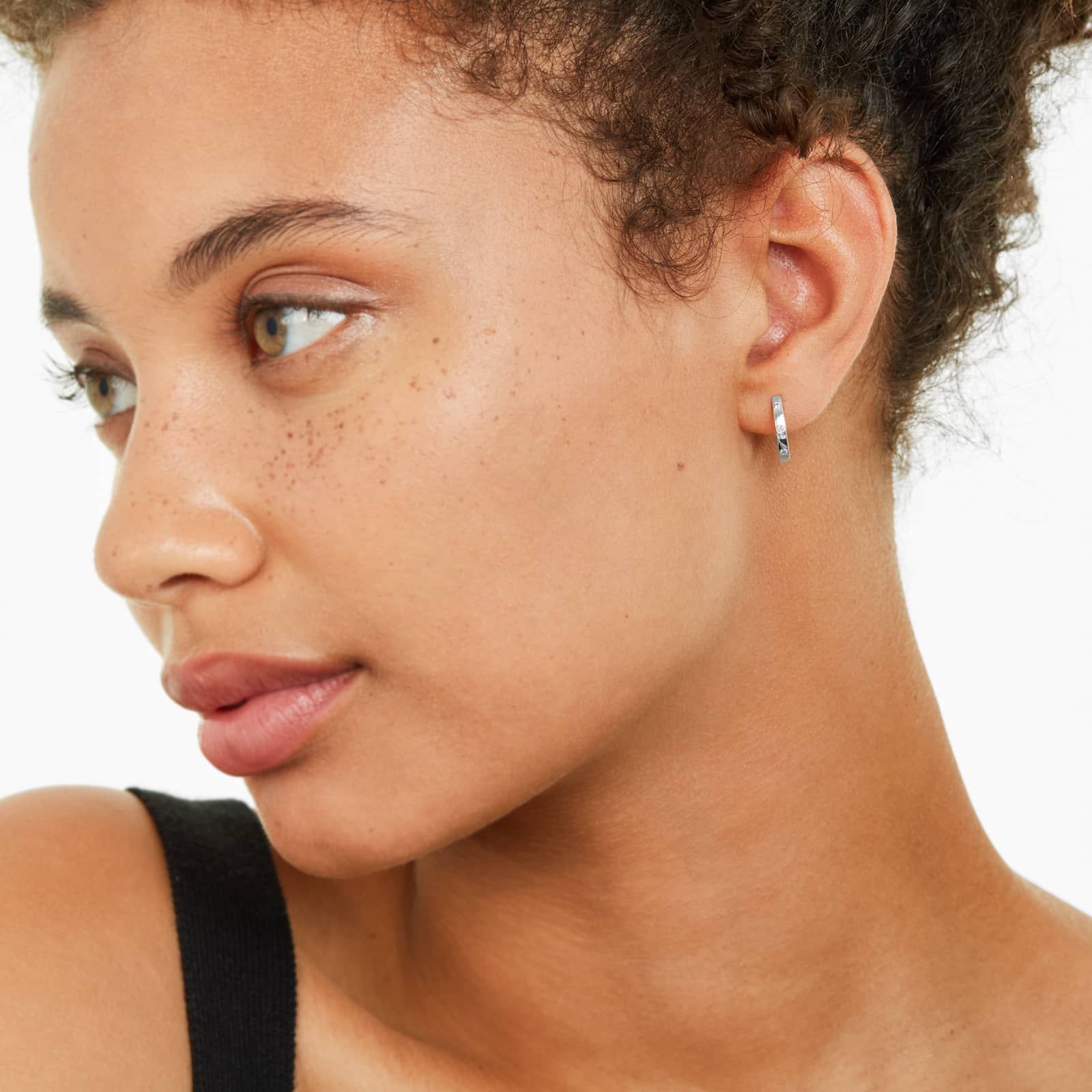 14K White Gold Diamond Bezel Huggie Hoop Earrings