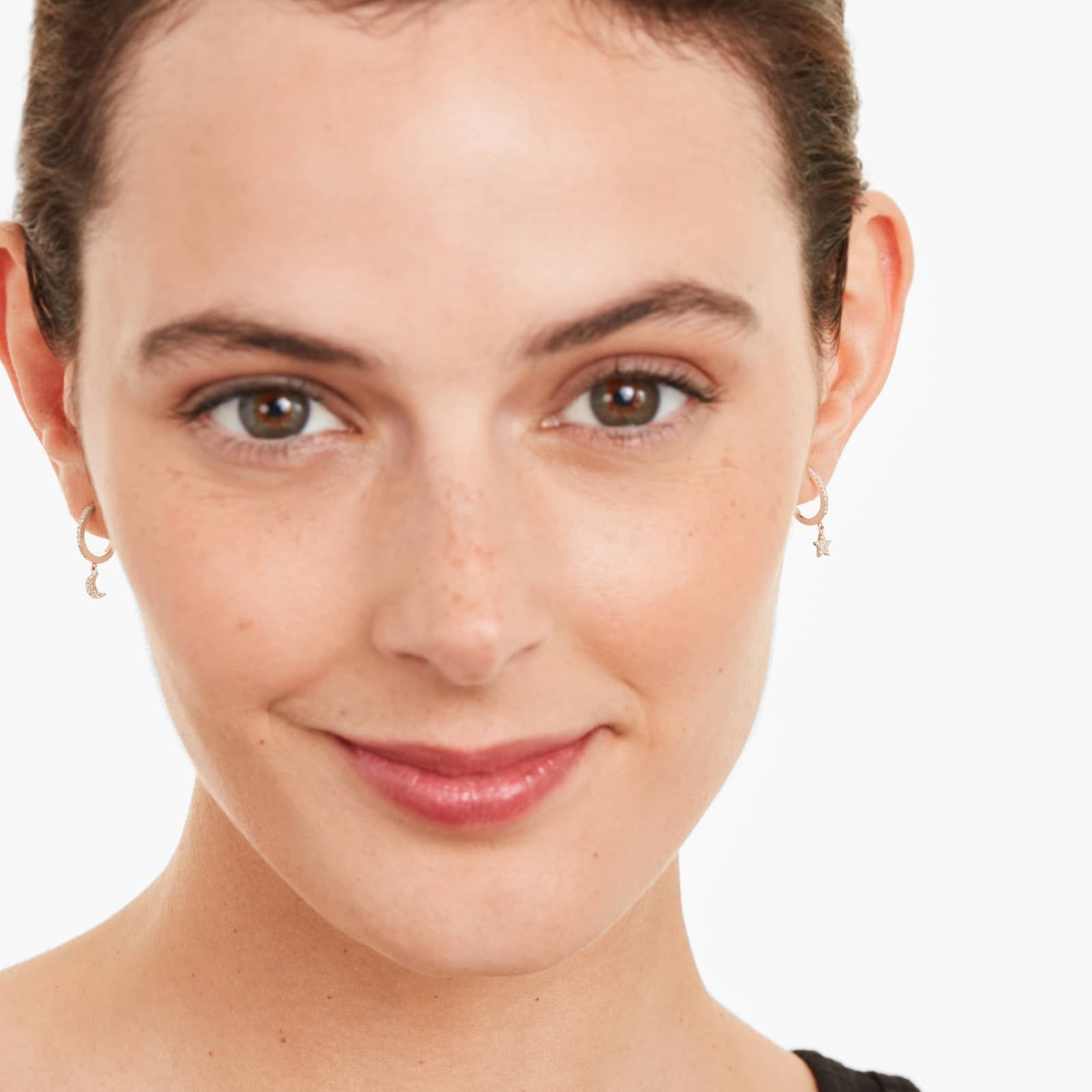 Dangling Star And Moon Diamond Huggie Hoop Earrings In 14K Rose Gold