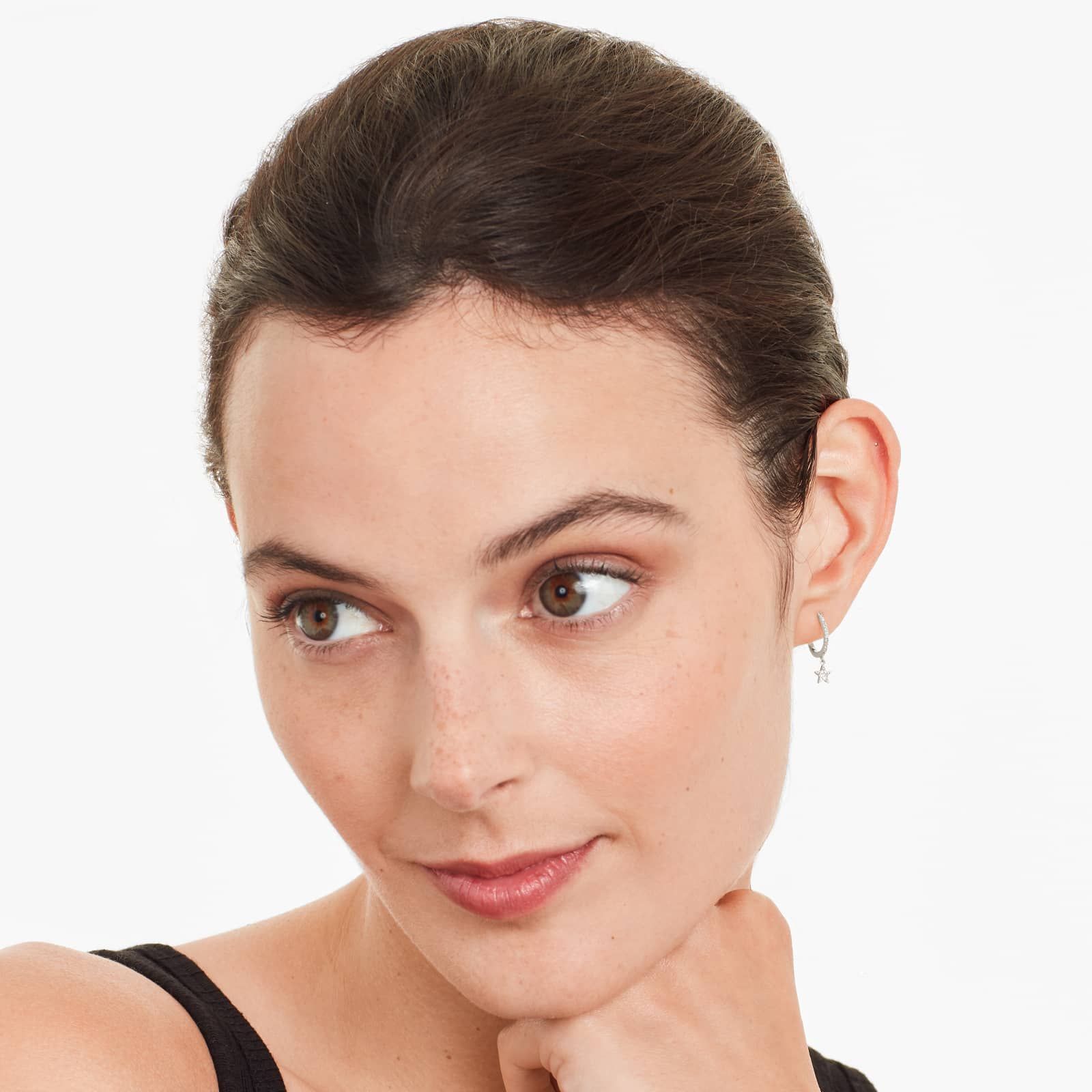 Dangling Star And Moon Diamond Huggie Hoop Earrings In 14K White Gold