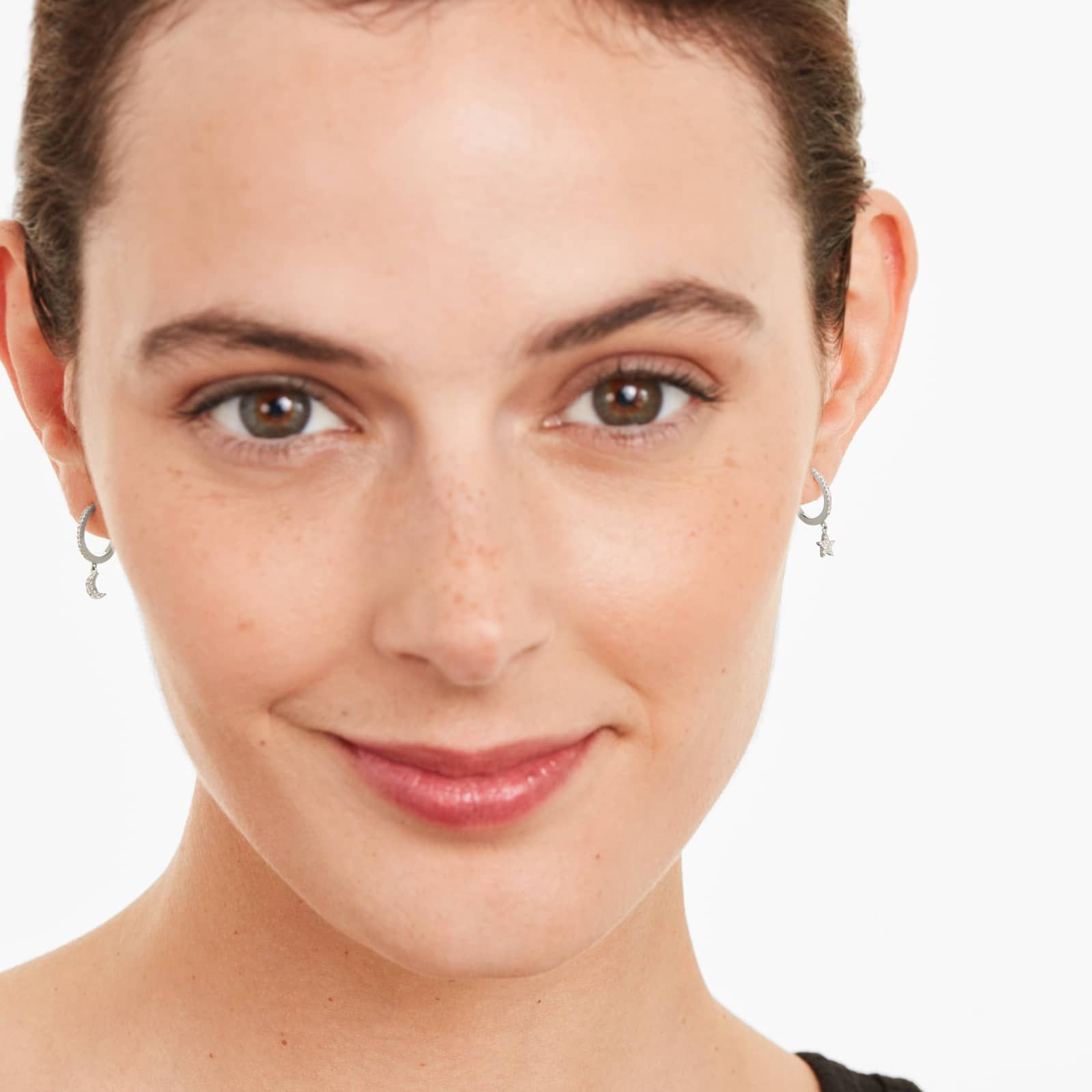 Dangling Star And Moon Diamond Huggie Hoop Earrings In 14K White Gold