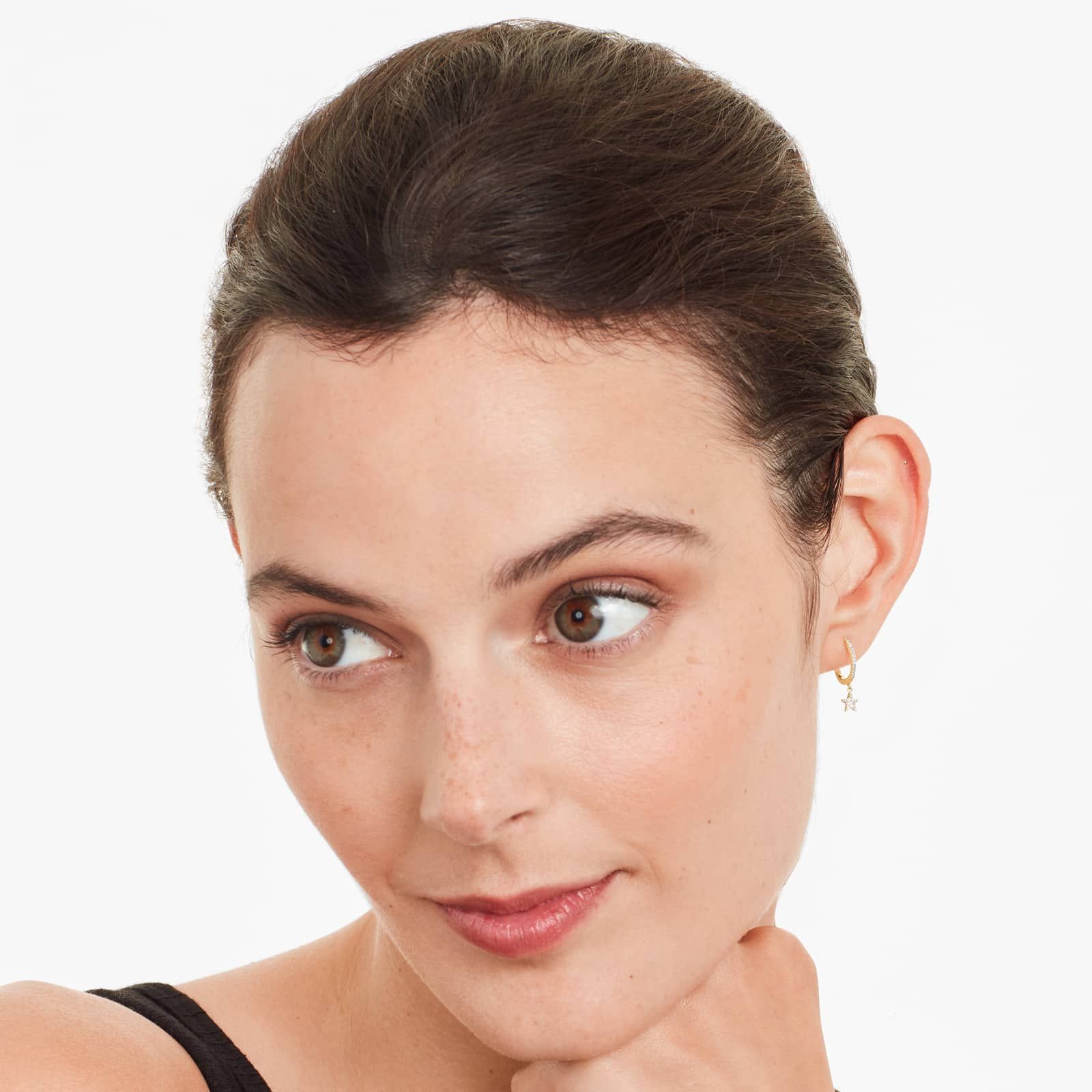 Dangling Star And Moon Diamond Huggie Hoop Earrings In 14K Yellow Gold