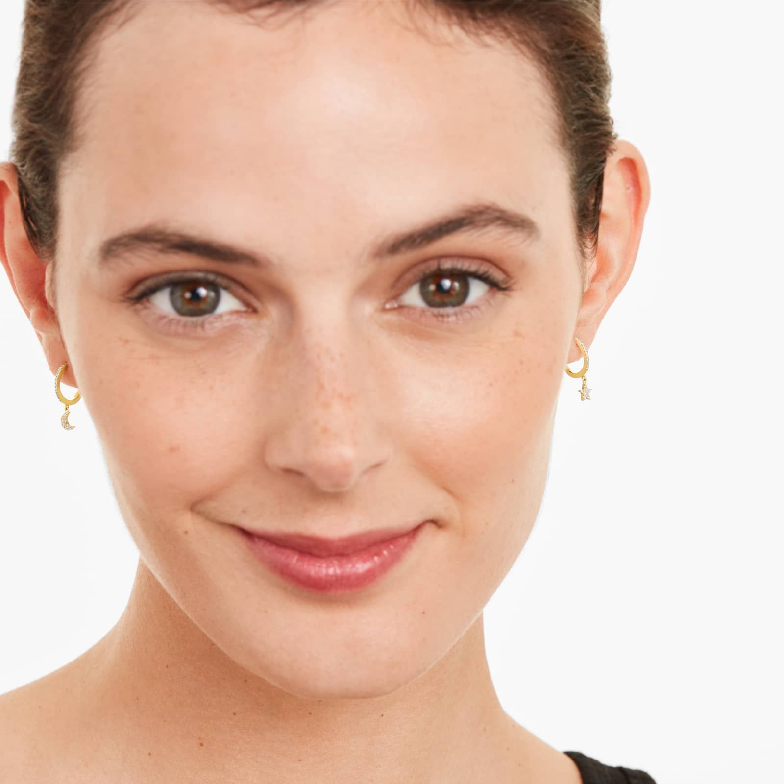 Dangling Star And Moon Diamond Huggie Hoop Earrings In 14K Yellow Gold