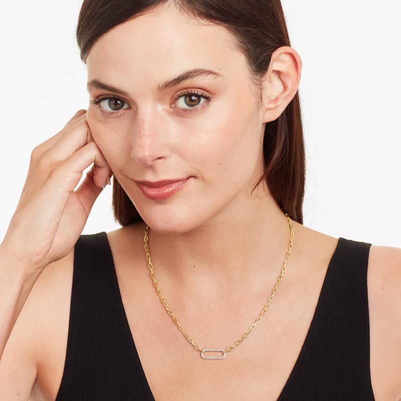 Pavé Paperclip Necklace In 14K Yellow Gold