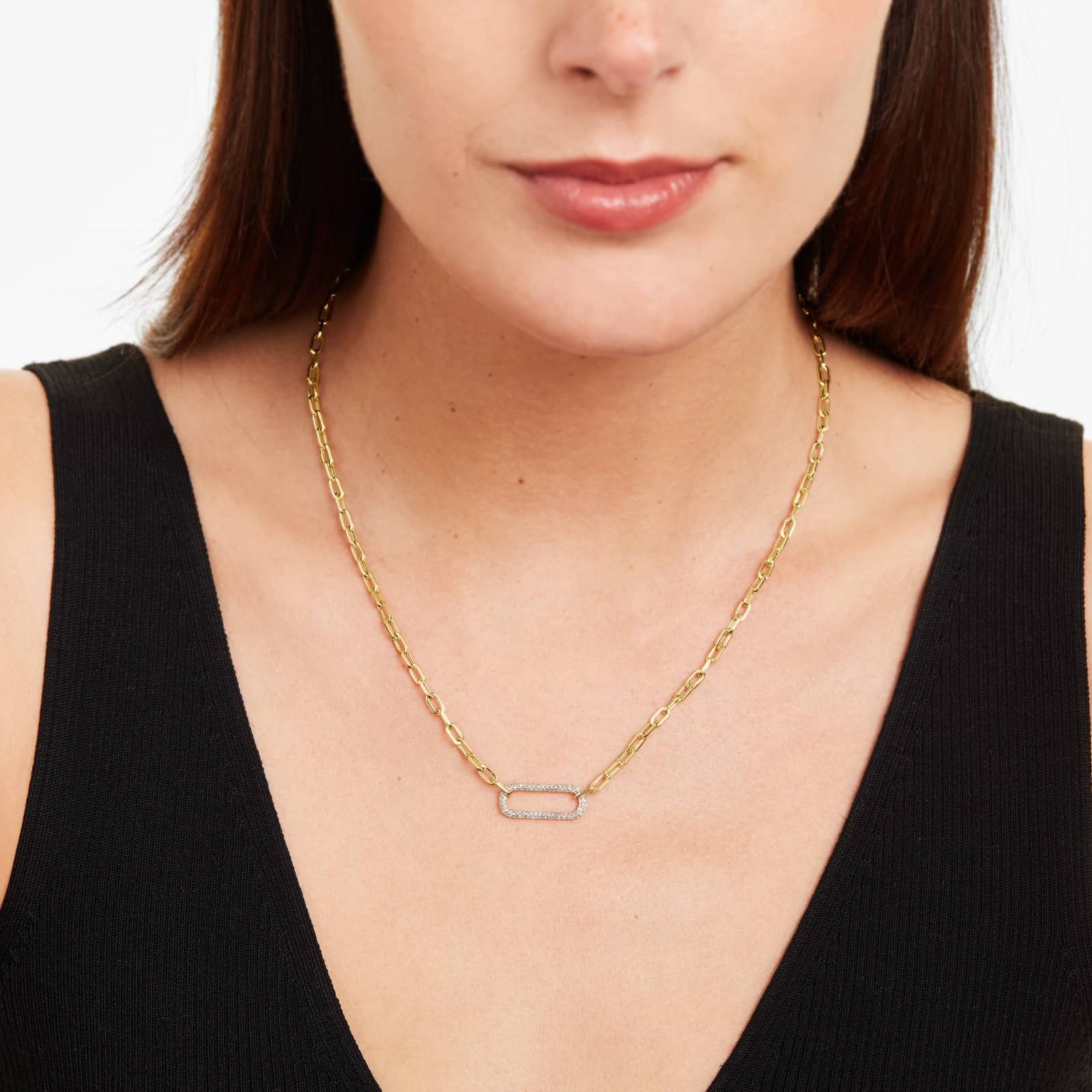 Pavé Paperclip Necklace In 14K Yellow Gold