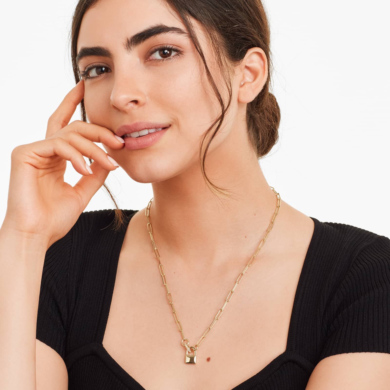 Padlock Push Lock Paperclip Split Chain Necklace In 14K Yellow Gold