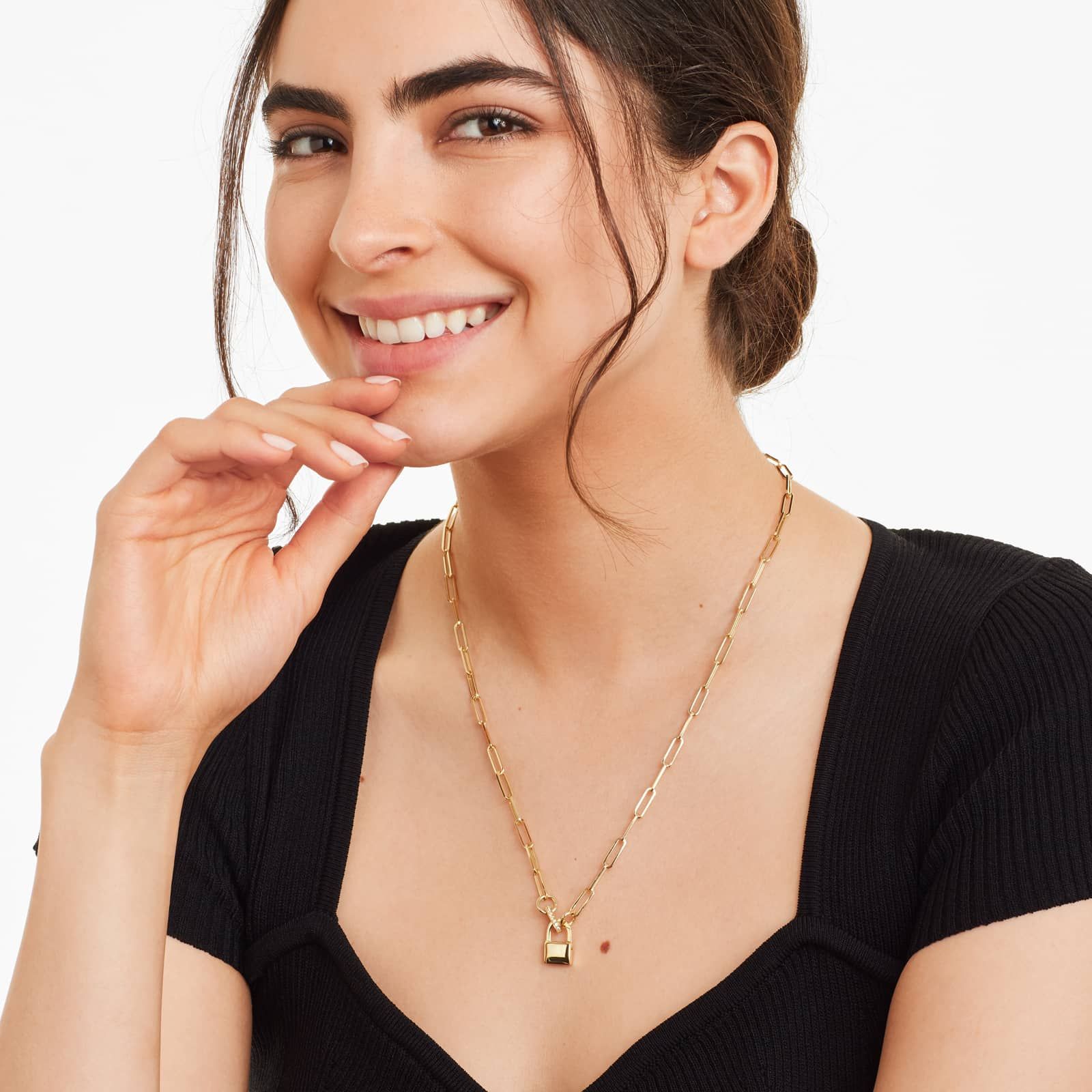 Padlock Push Lock Paperclip Split Chain Necklace In 14K Yellow Gold